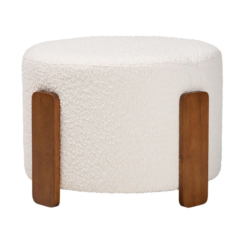 Finlay Modern Japandi Cream Boucle Fabric and Walnut Brown Finished Wood Ottoman Footstool