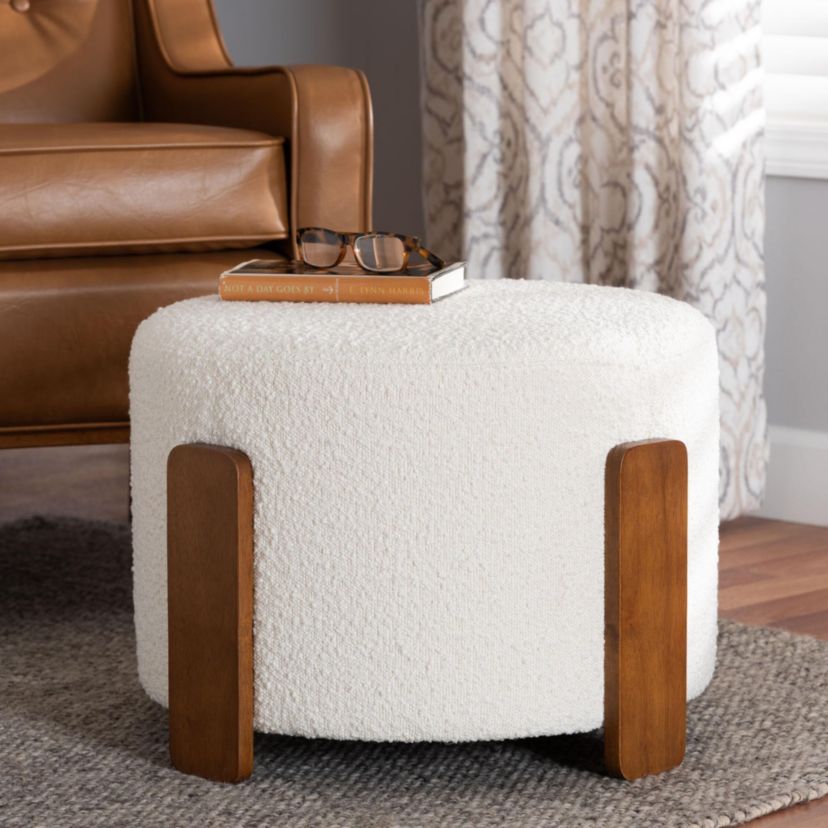 Finlay Modern Japandi Cream Boucle Fabric and Walnut Brown Finished Wood Ottoman Footstool