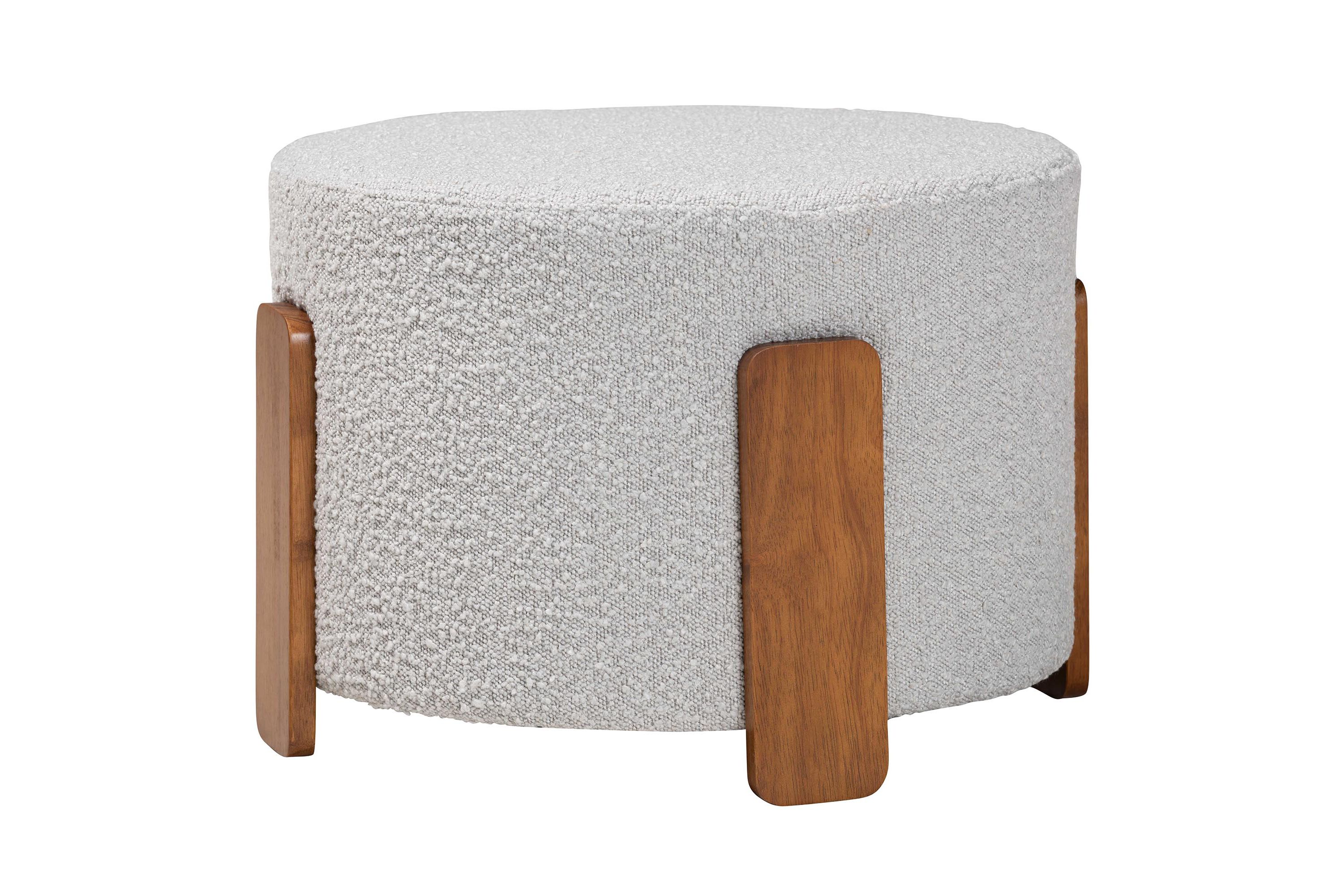 Finlay Modern Japandi Light Grey Boucle Fabric and Walnut Brown Finished Wood Ottoman Footstool