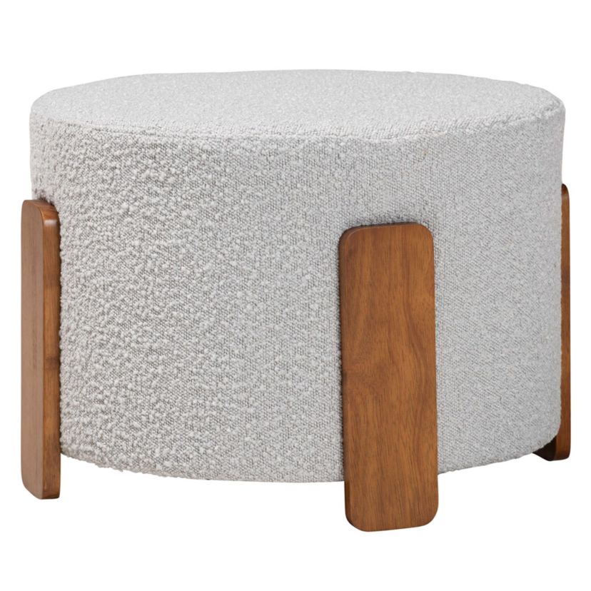 Finlay Modern Japandi Light Grey Boucle Fabric and Walnut Brown Finished Wood Ottoman Footstool