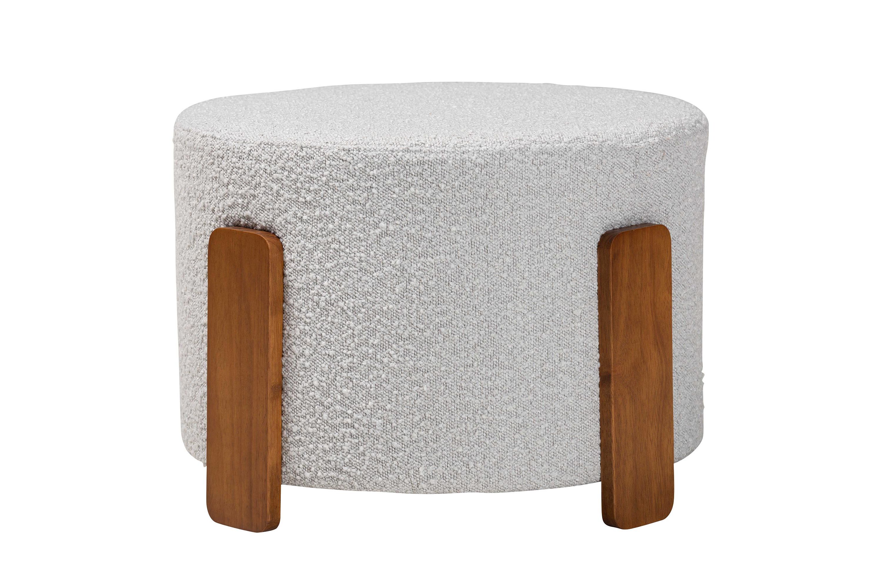 Finlay Modern Japandi Light Grey Boucle Fabric and Walnut Brown Finished Wood Ottoman Footstool