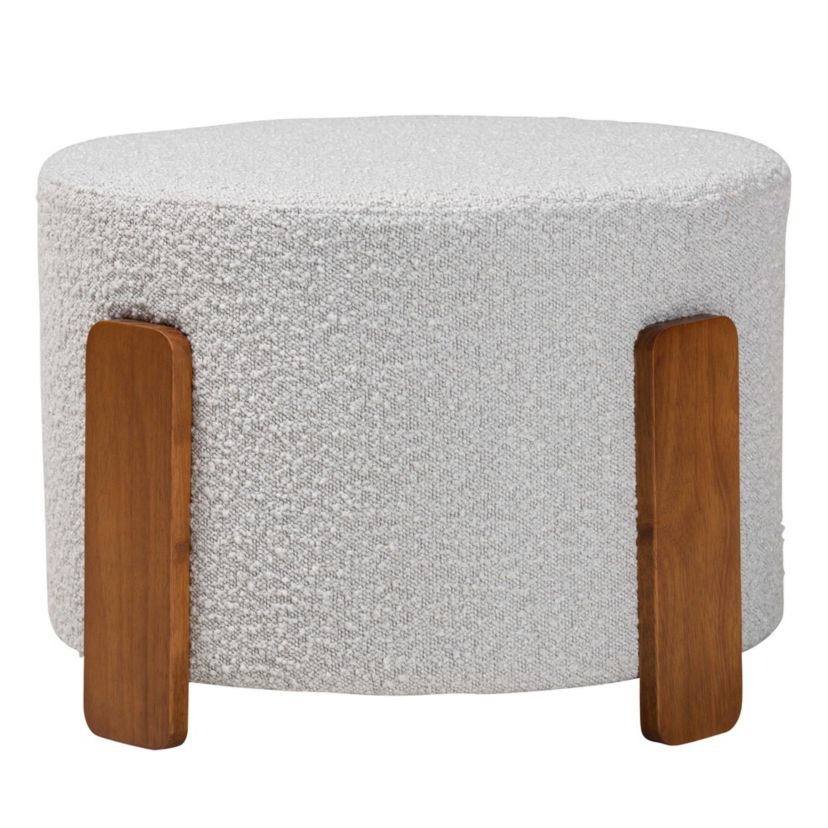 Finlay Modern Japandi Light Grey Boucle Fabric and Walnut Brown Finished Wood Ottoman Footstool
