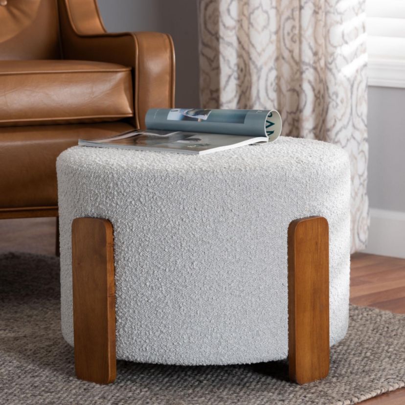 Finlay Modern Japandi Light Grey Boucle Fabric and Walnut Brown Finished Wood Ottoman Footstool