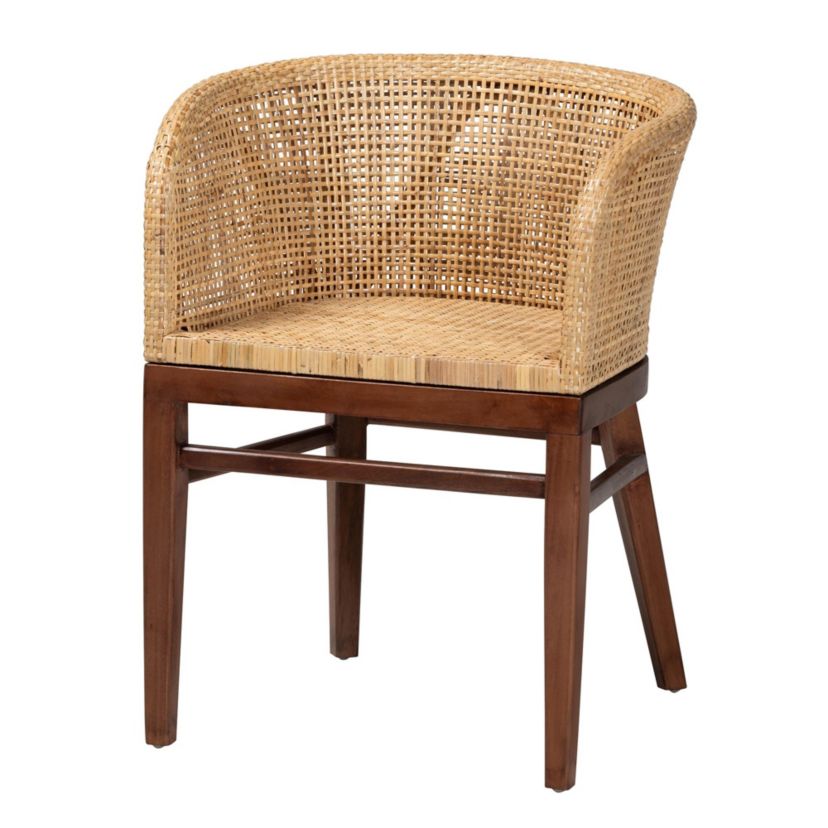 Papua Modern Bohemian Natural Rattan and Brown Acacia Wood Dining Chair