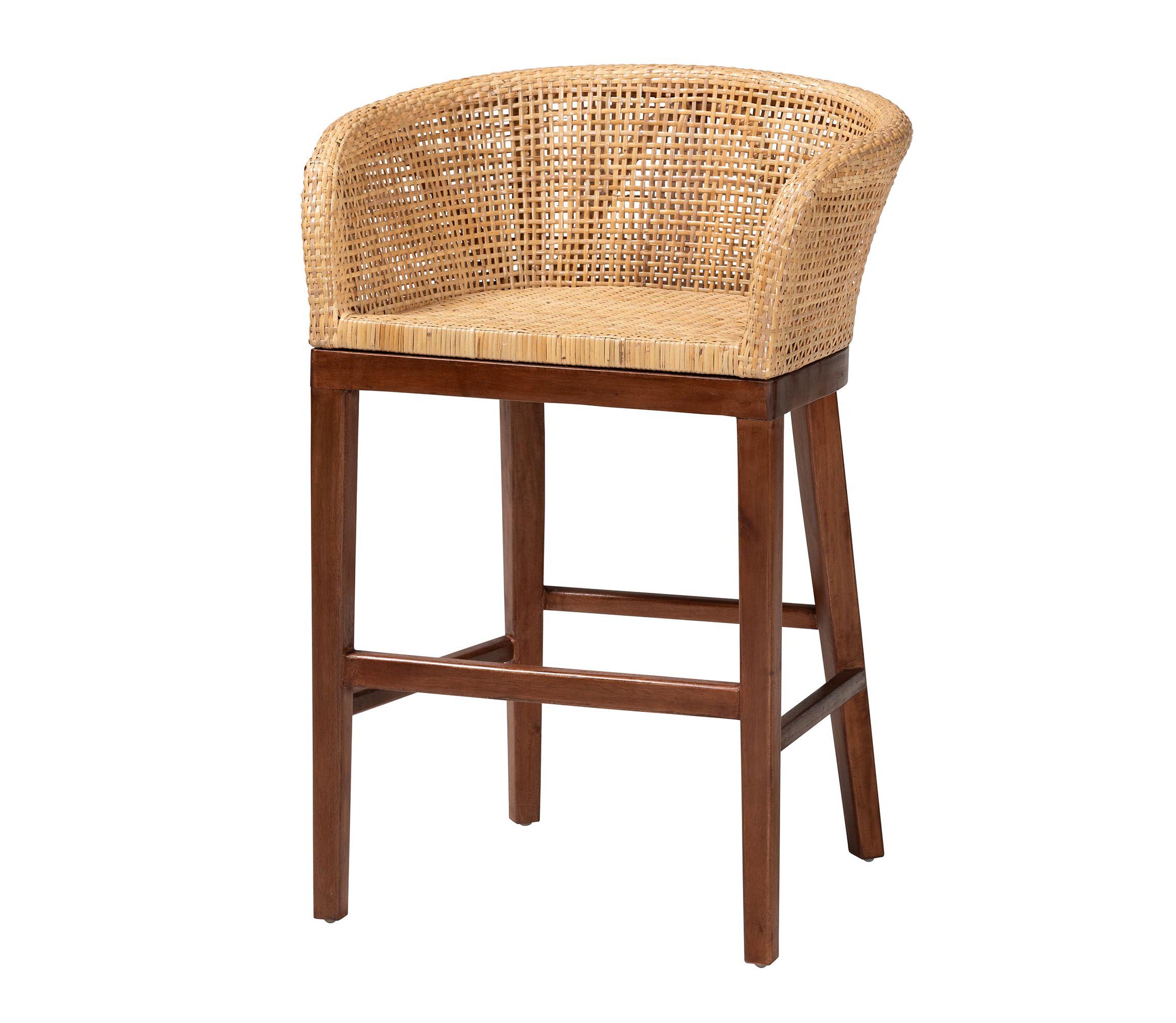 Papua Modern Bohemian Natural Rattan and Brown Acacia Wood Counter Stool