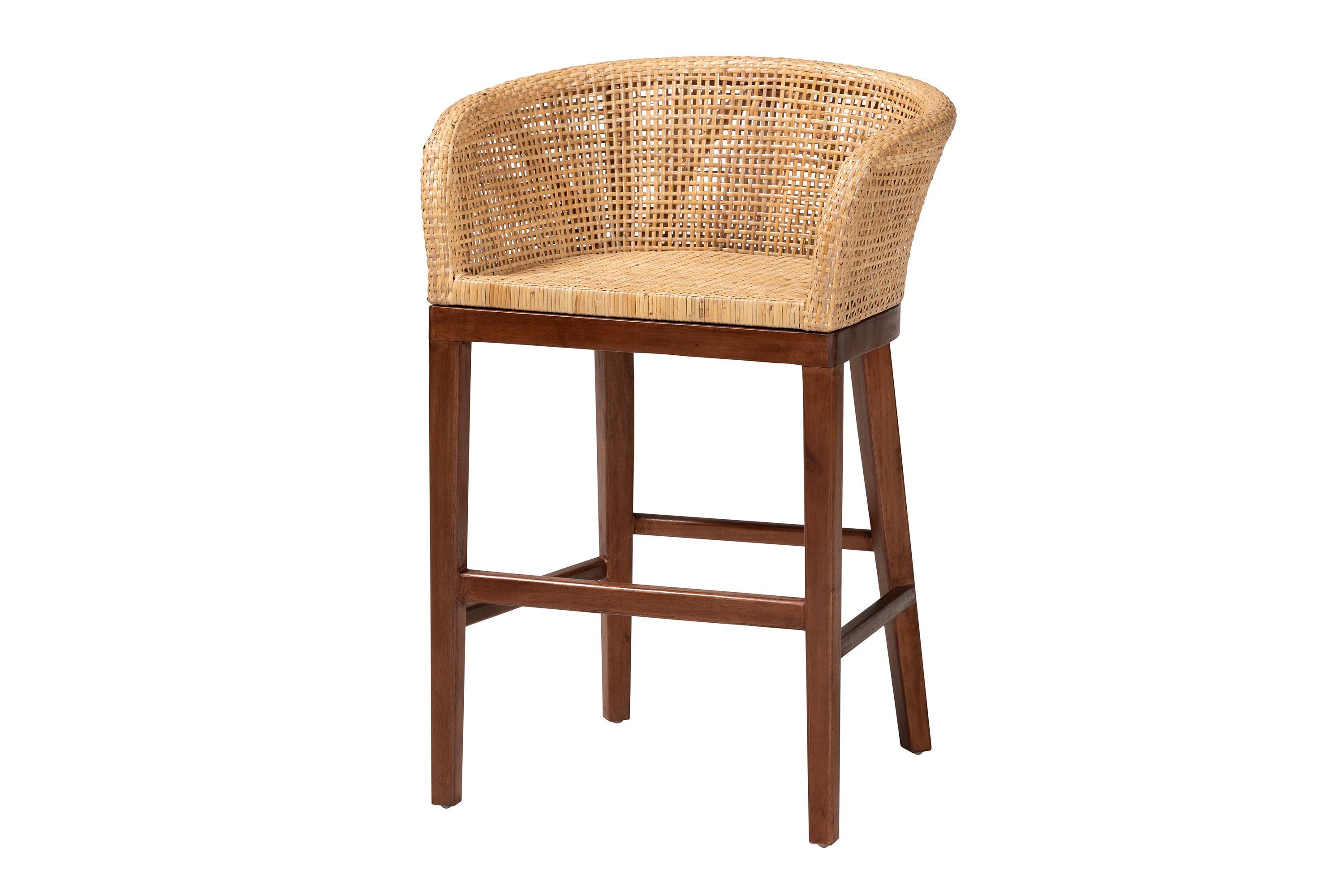Papua Modern Bohemian Natural Rattan and Brown Acacia Wood Counter Stool