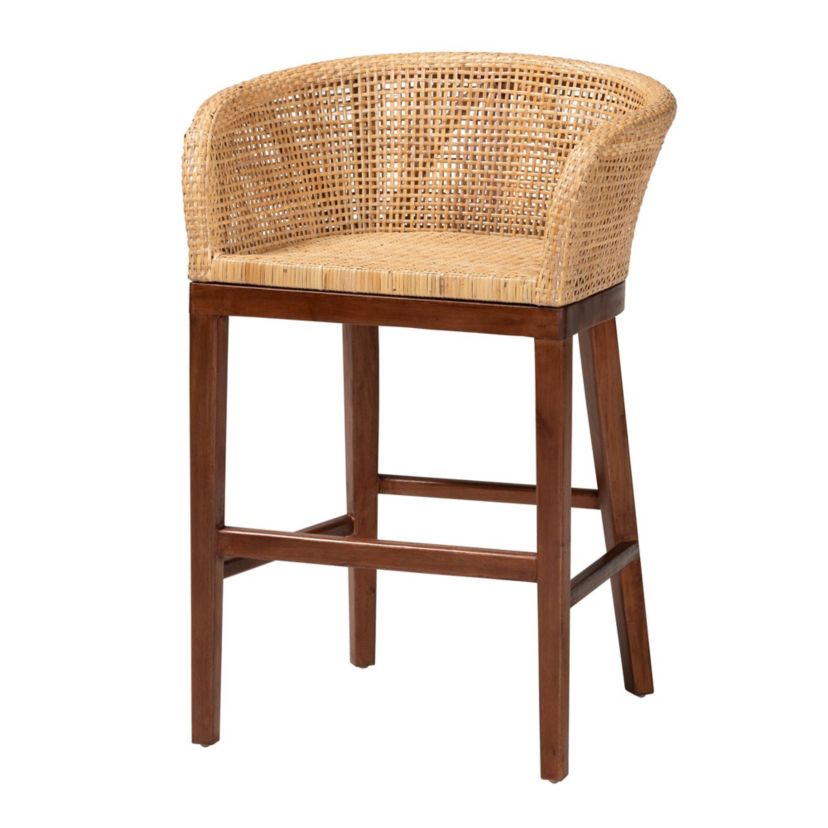 Papua Modern Bohemian Natural Rattan and Brown Acacia Wood Counter Stool