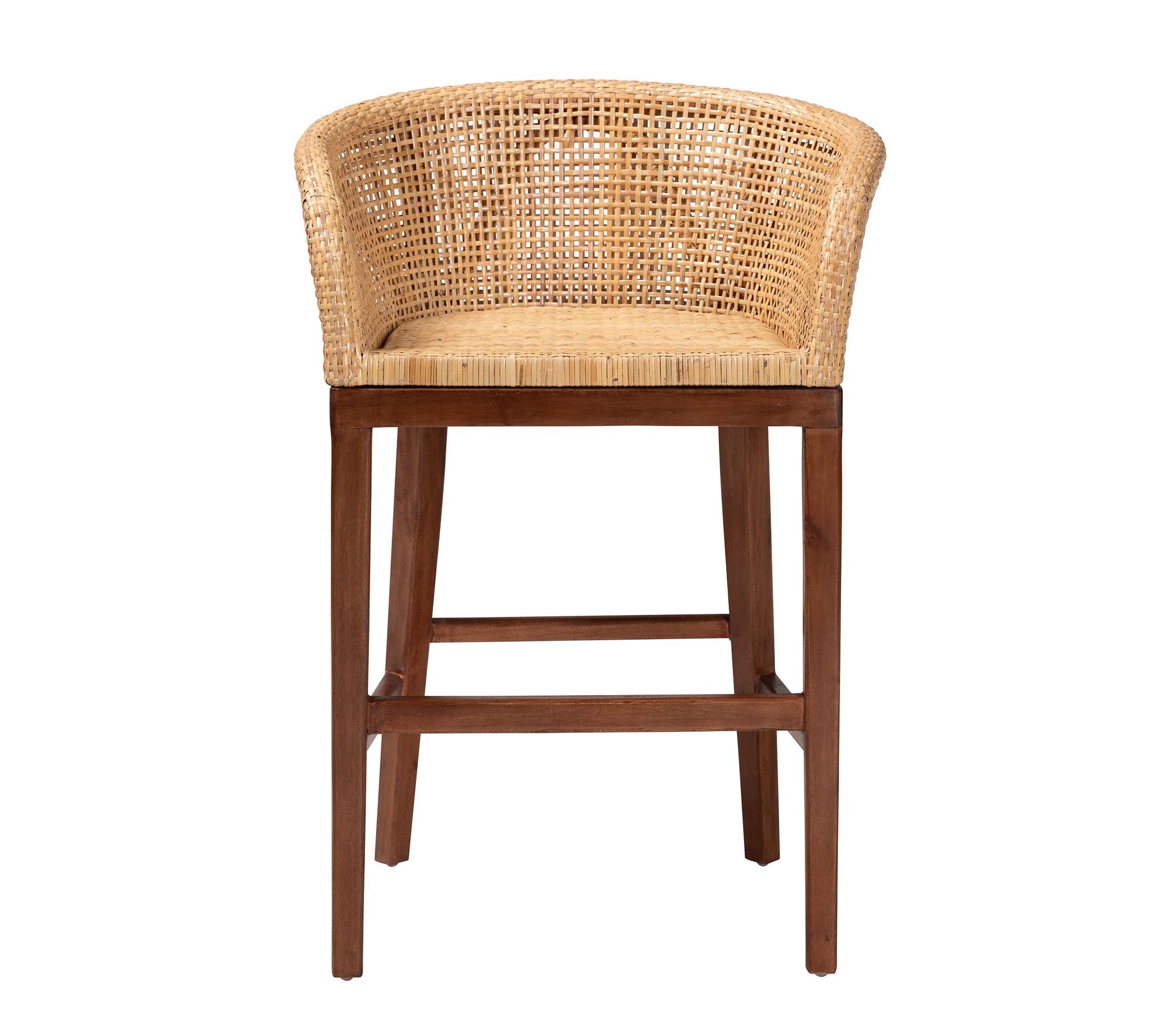 Papua Modern Bohemian Natural Rattan and Brown Acacia Wood Counter Stool