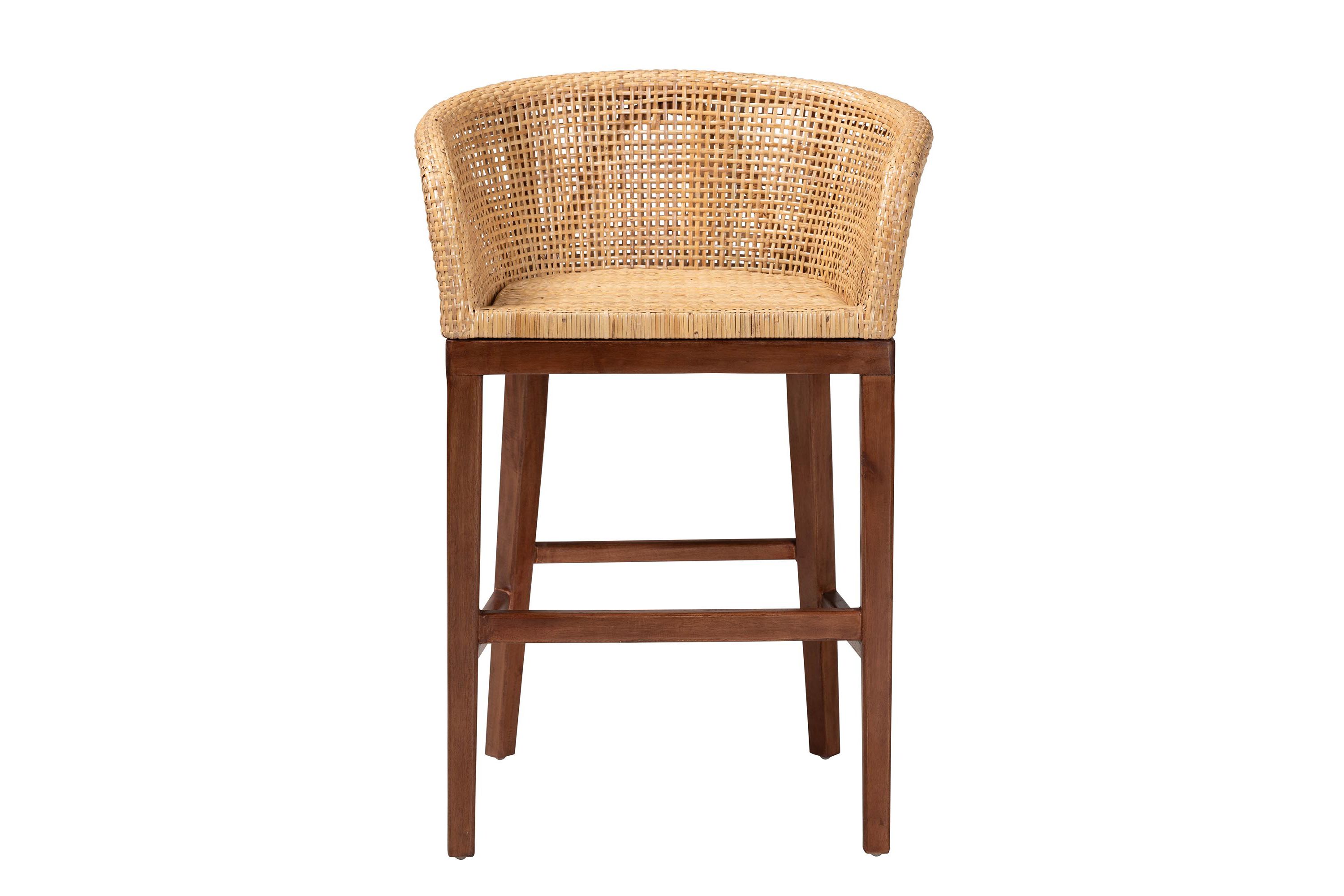 Papua Modern Bohemian Natural Rattan and Brown Acacia Wood Counter Stool