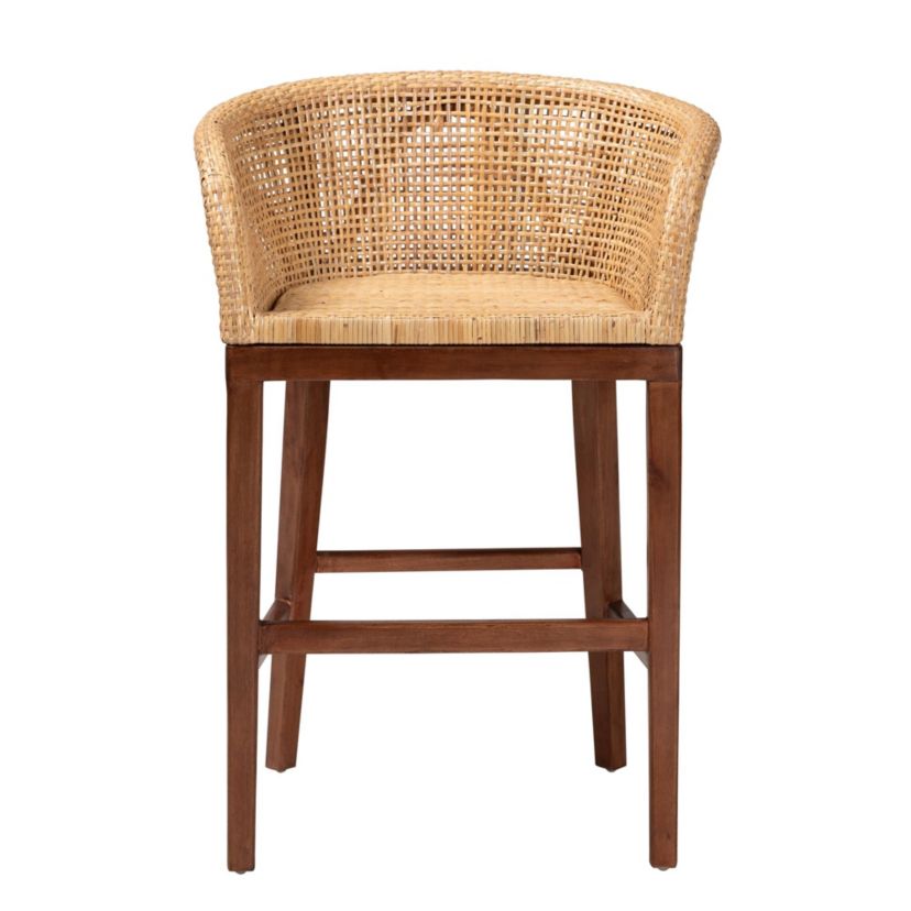 Papua Modern Bohemian Natural Rattan and Brown Acacia Wood Counter Stool