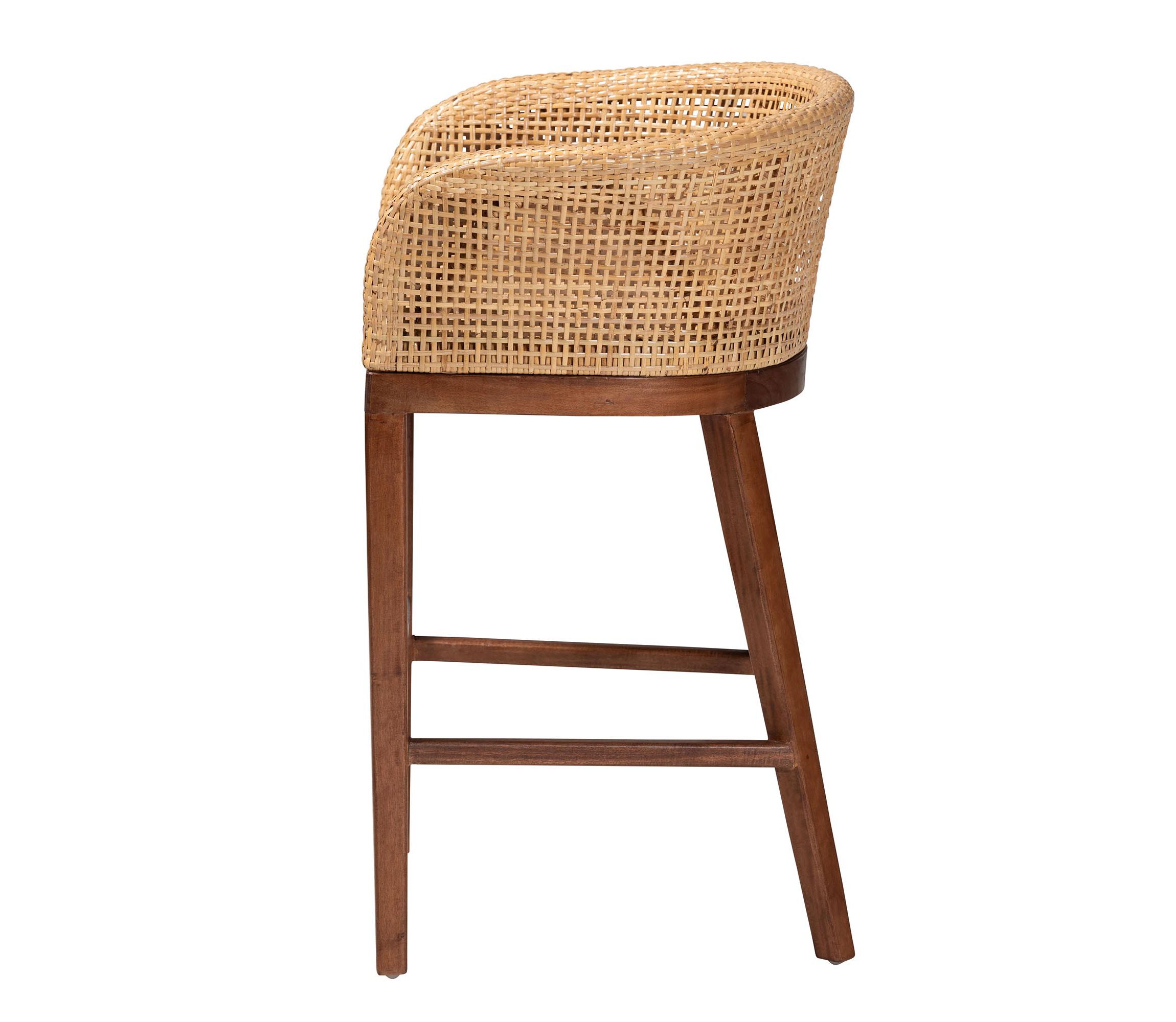 Papua Modern Bohemian Natural Rattan and Brown Acacia Wood Counter Stool