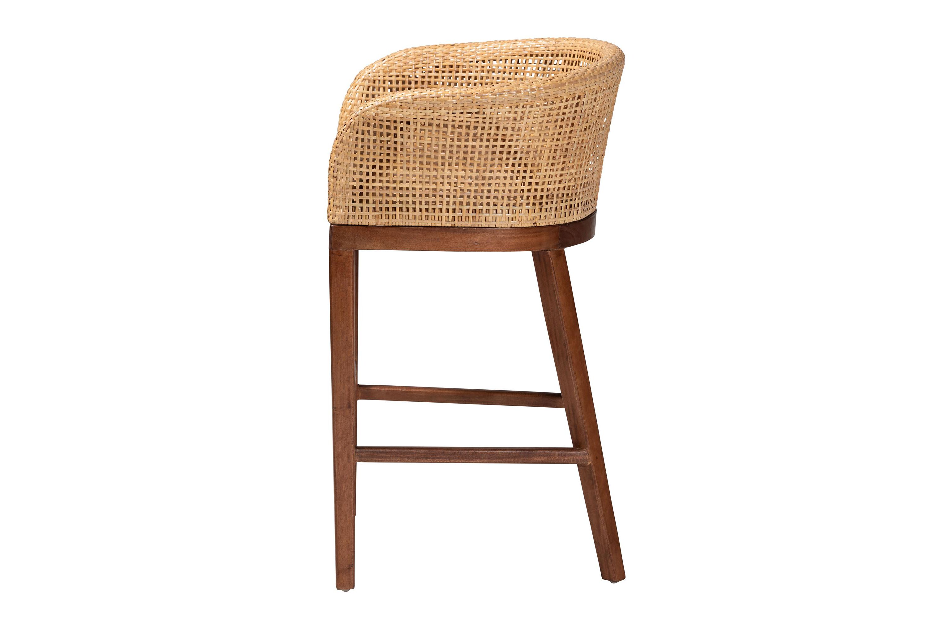 Papua Modern Bohemian Natural Rattan and Brown Acacia Wood Counter Stool
