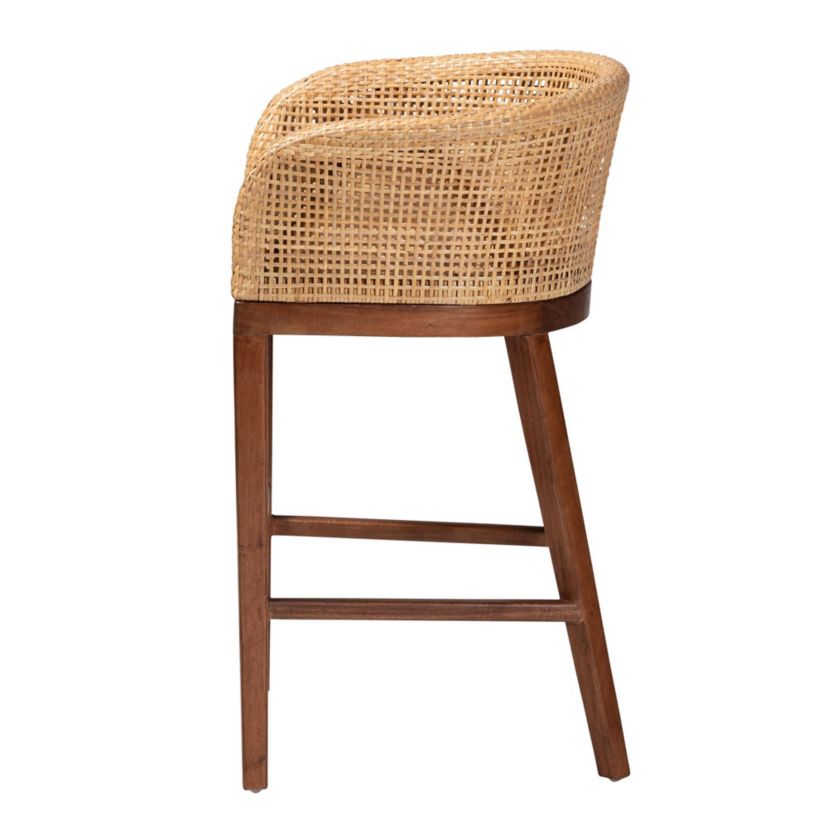 Papua Modern Bohemian Natural Rattan and Brown Acacia Wood Counter Stool