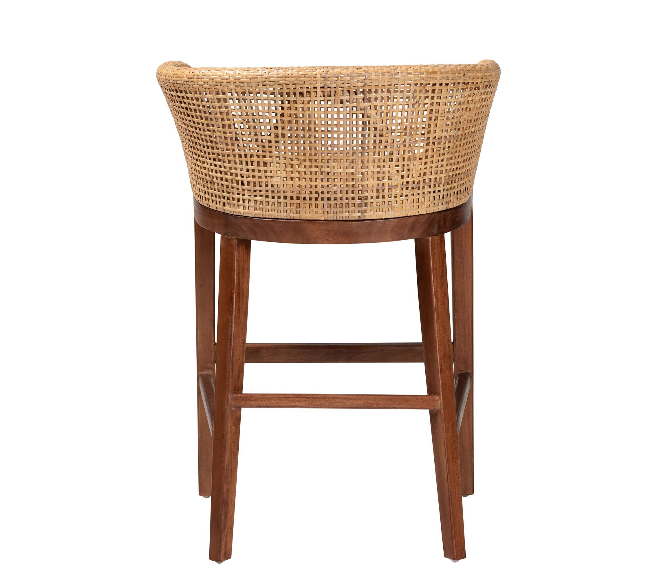 Papua Modern Bohemian Natural Rattan and Brown Acacia Wood Counter Stool