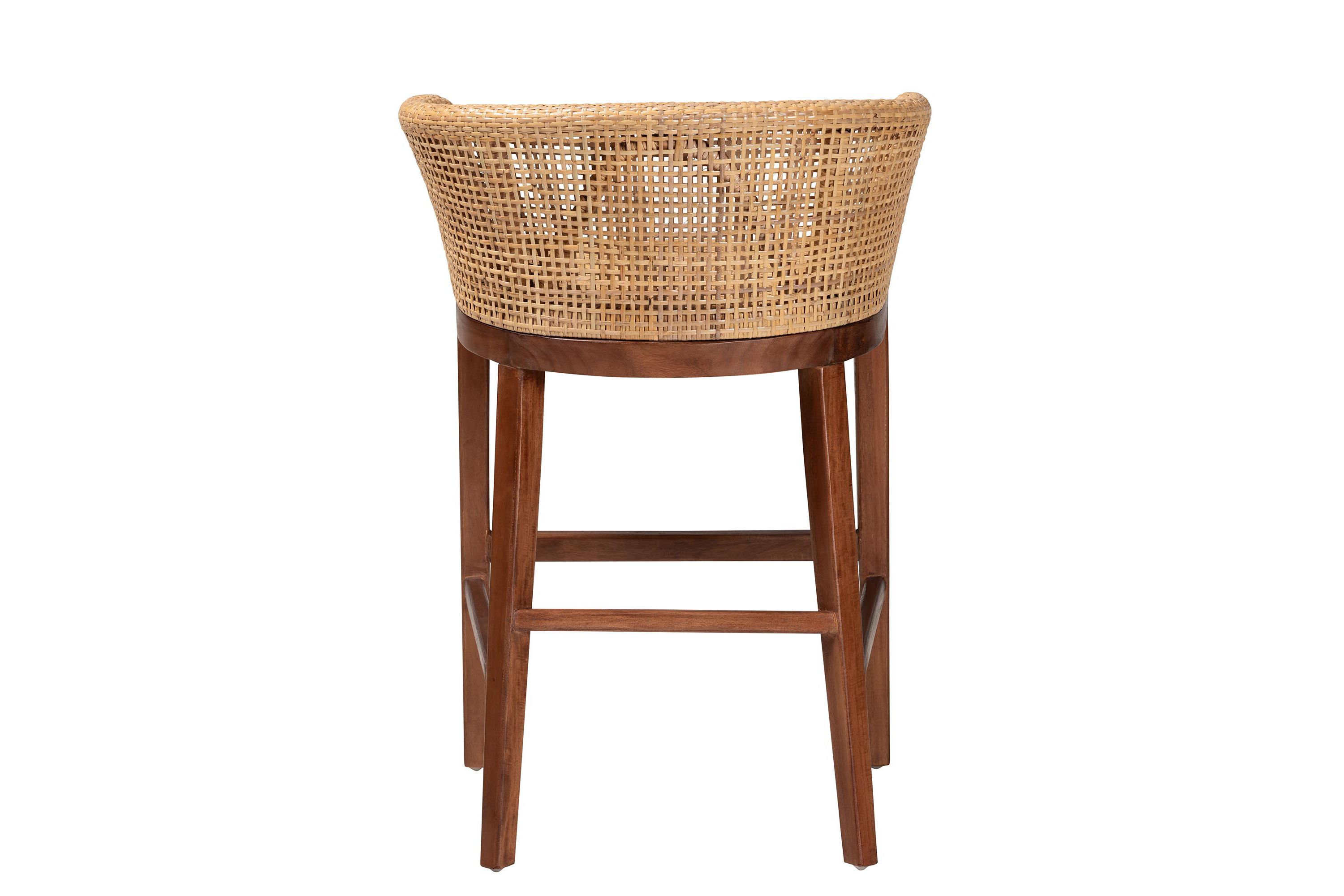 Papua Modern Bohemian Natural Rattan and Brown Acacia Wood Counter Stool
