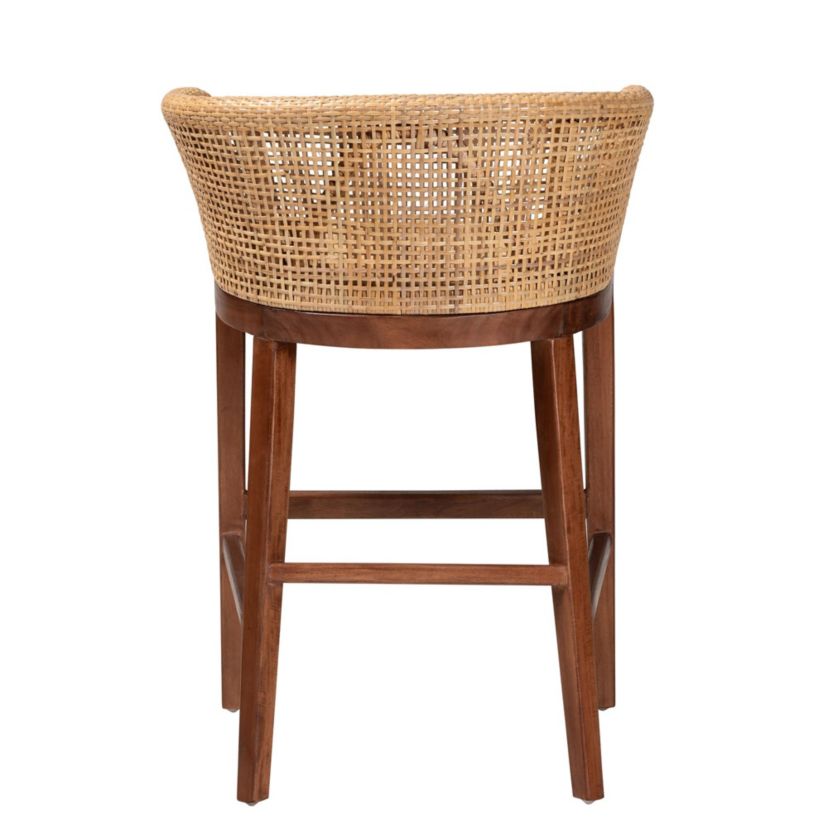 Papua Modern Bohemian Natural Rattan and Brown Acacia Wood Counter Stool