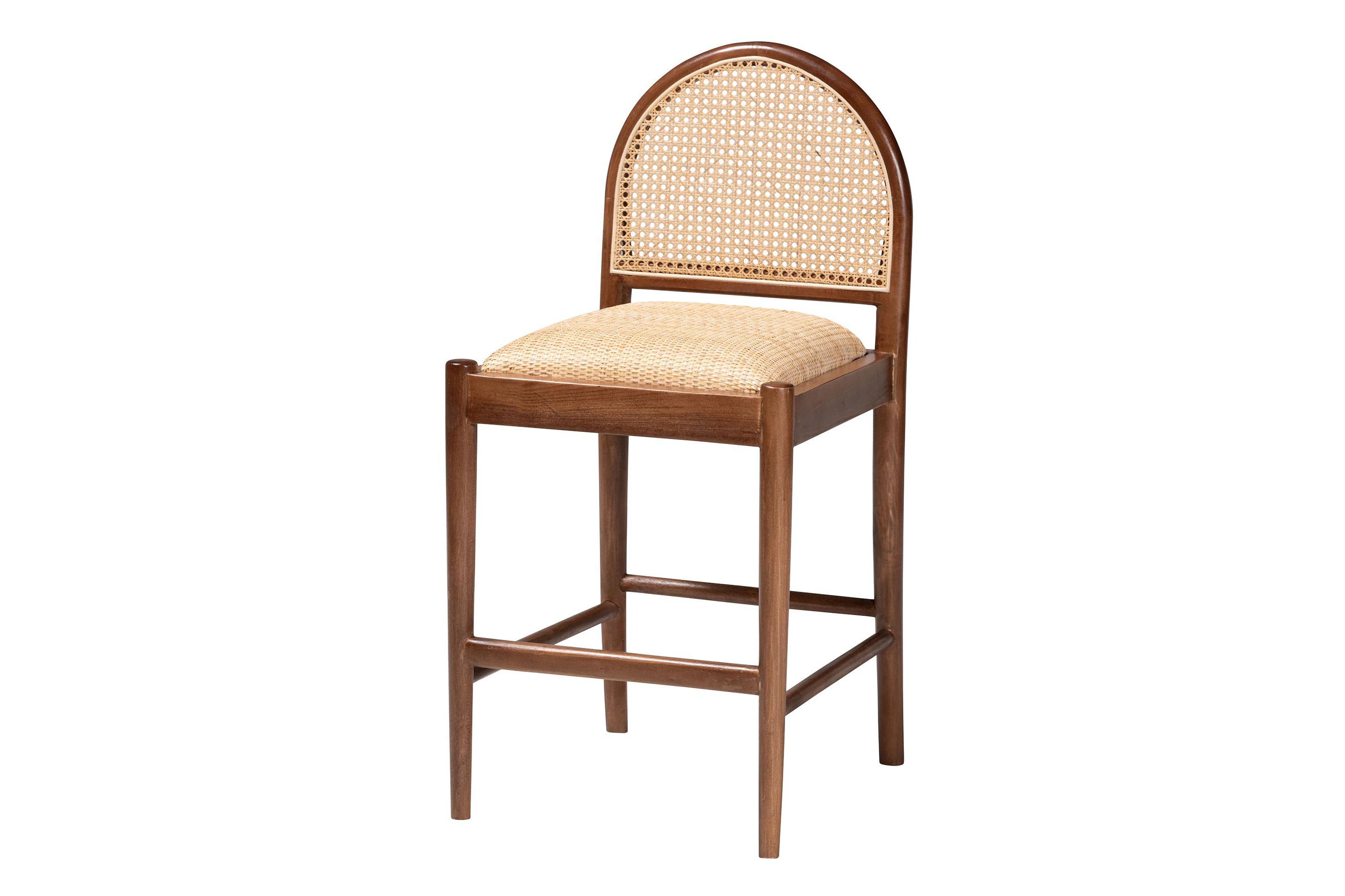 Maryland Modern Bohemian Natural Rattan and Acacia Wood Counter Stool