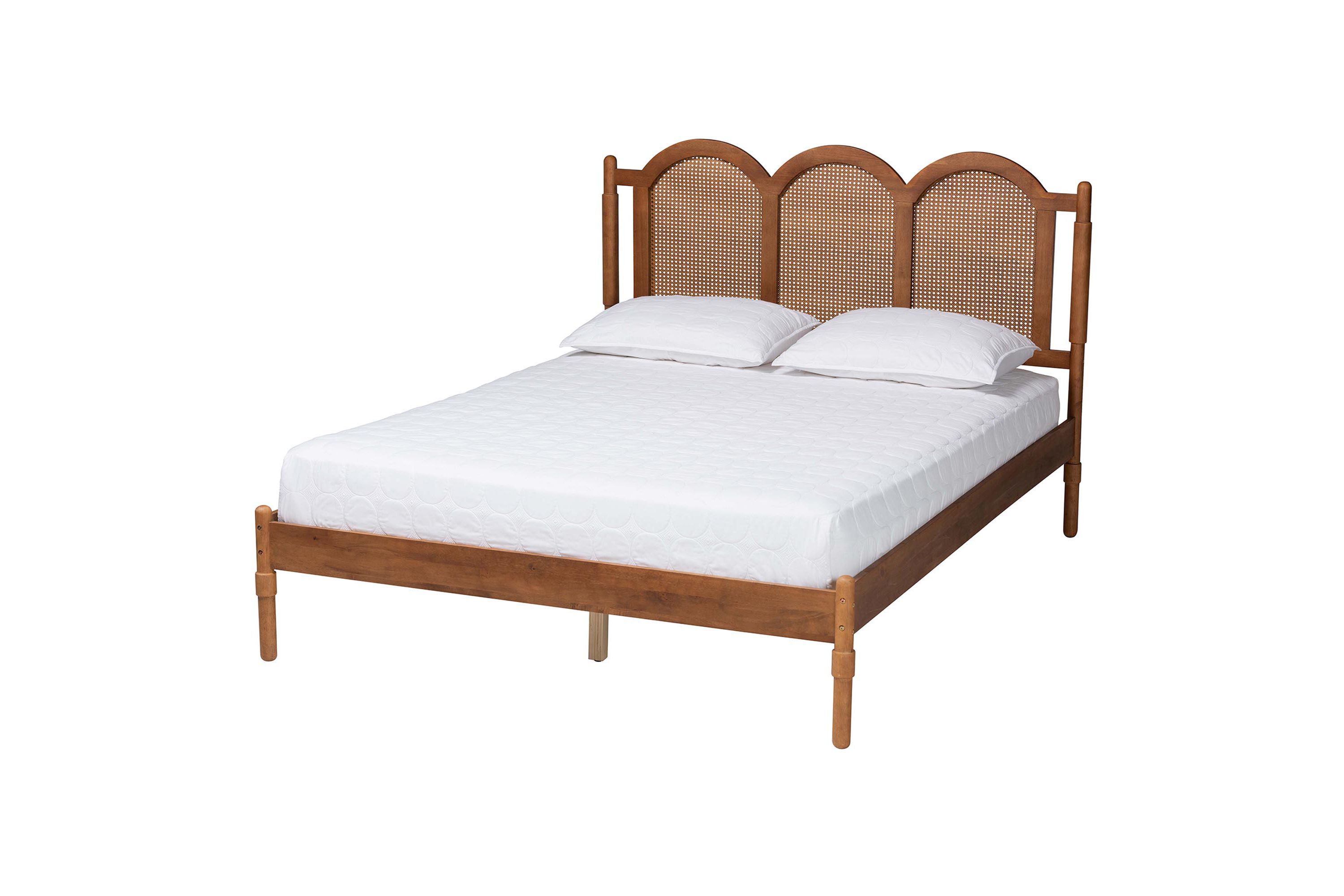 Thatcher Mid-Century Modern Walnut Brown Finished Wood Queen Size Platform Bed with Woven Rattan