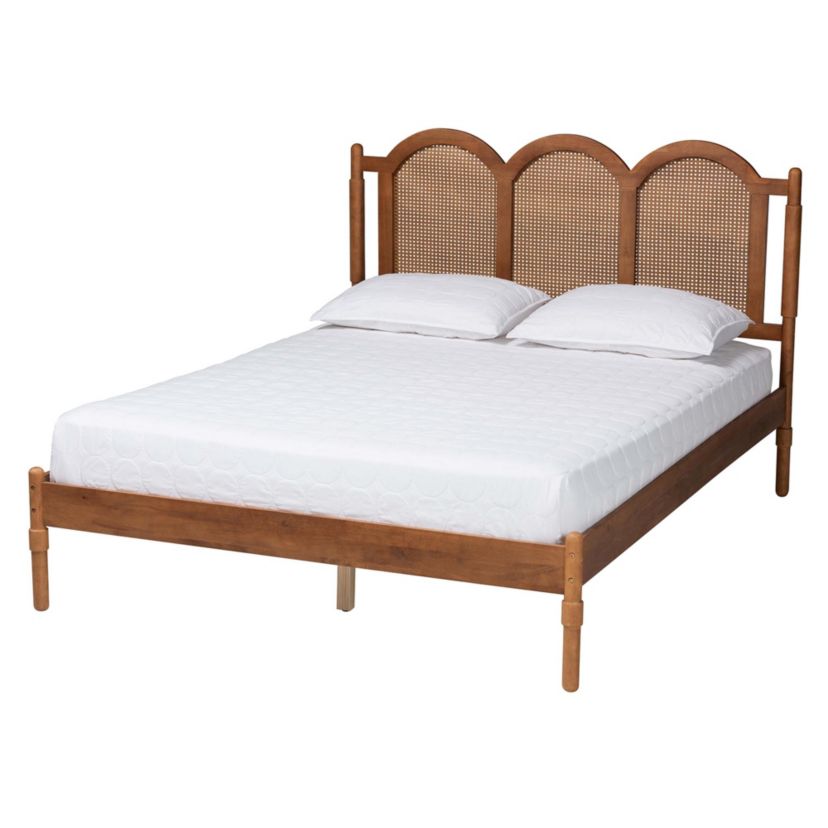 Thatcher Mid-Century Modern Walnut Brown Finished Wood Queen Size Platform Bed with Woven Rattan