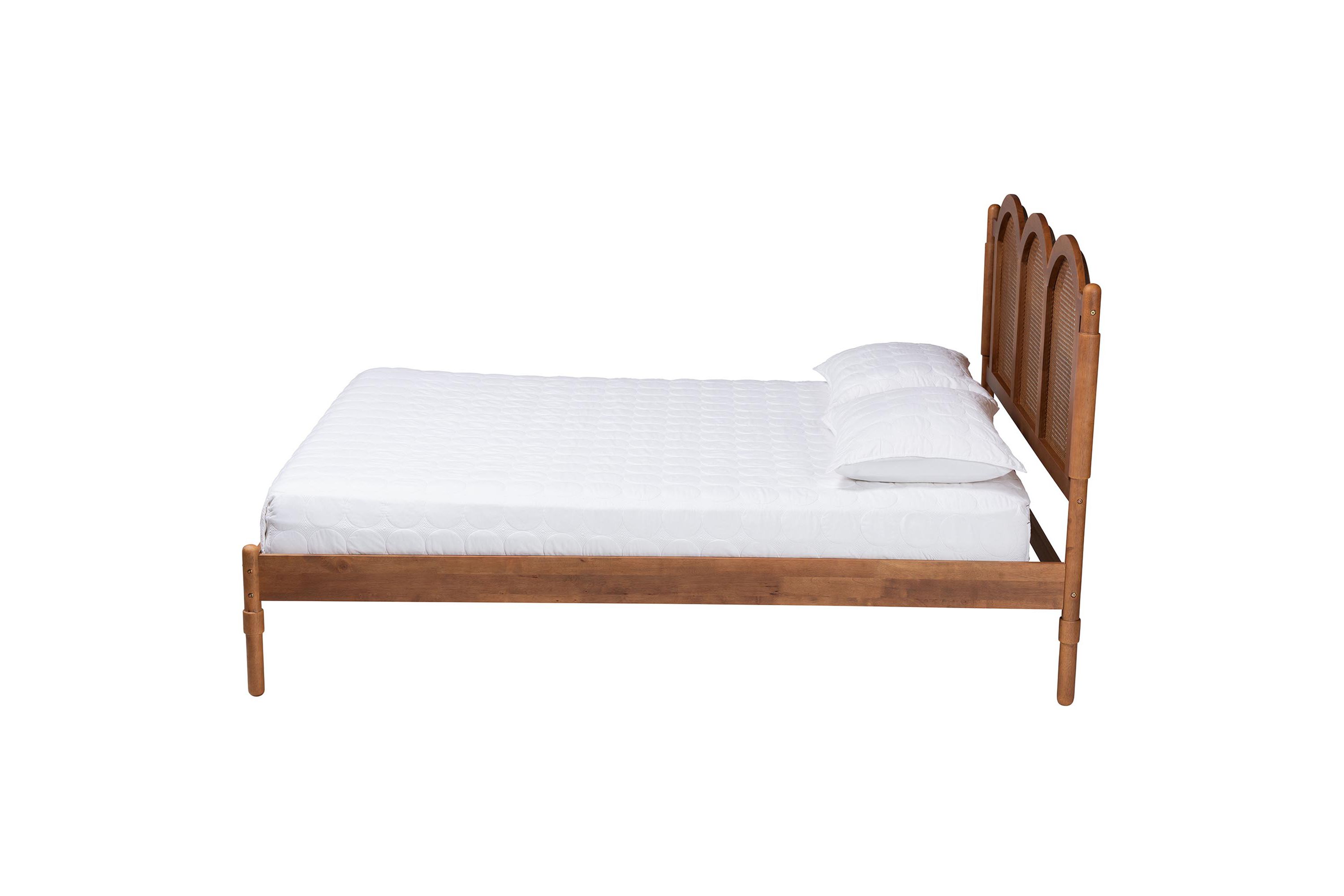 Thatcher Mid-Century Modern Walnut Brown Finished Wood Queen Size Platform Bed with Woven Rattan