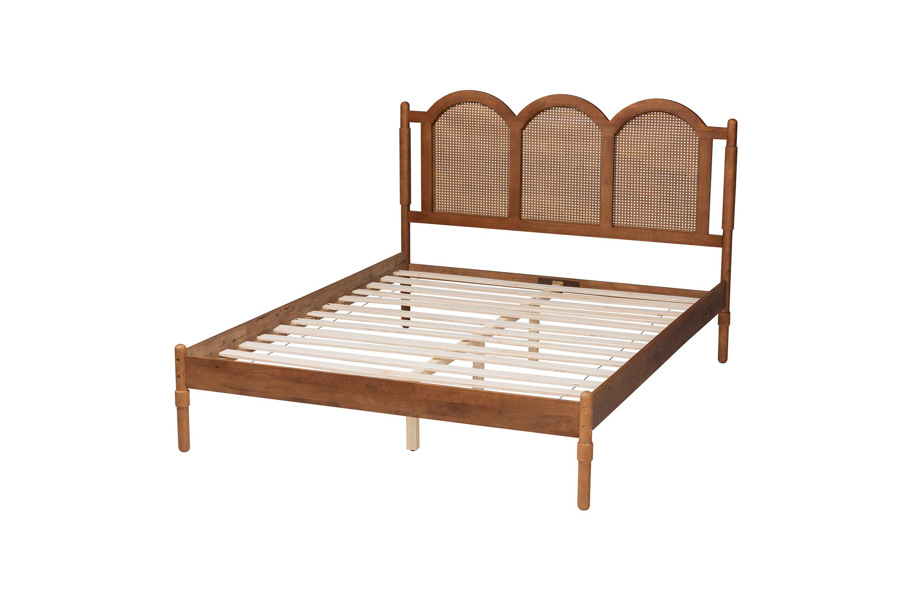 Thatcher Mid-Century Modern Walnut Brown Finished Wood Queen Size Platform Bed with Woven Rattan