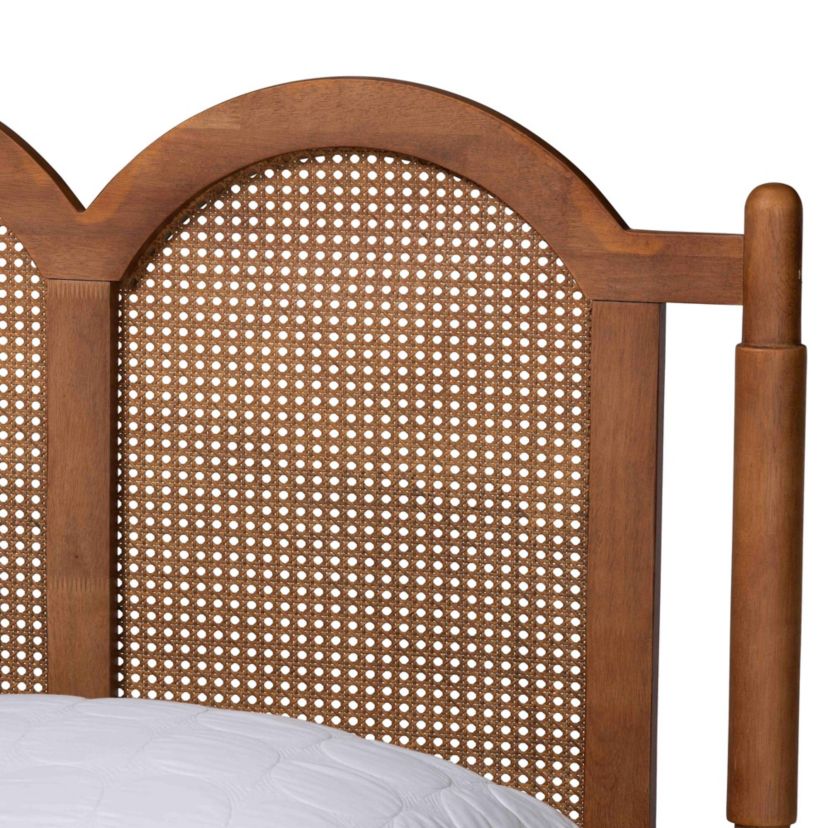 Thatcher Mid-Century Modern Walnut Brown Finished Wood Queen Size Platform Bed with Woven Rattan