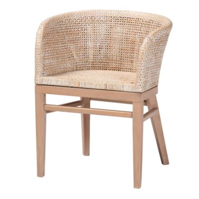 bali & pari Papua Modern Bohemian Antique White Washed Rattan and Mahogany Wood Dining Chair, Brown