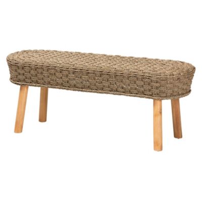 bali & pari Denver Modern Bohemian Natural Seagrass and Acacia Wood Accent Bench, Brown