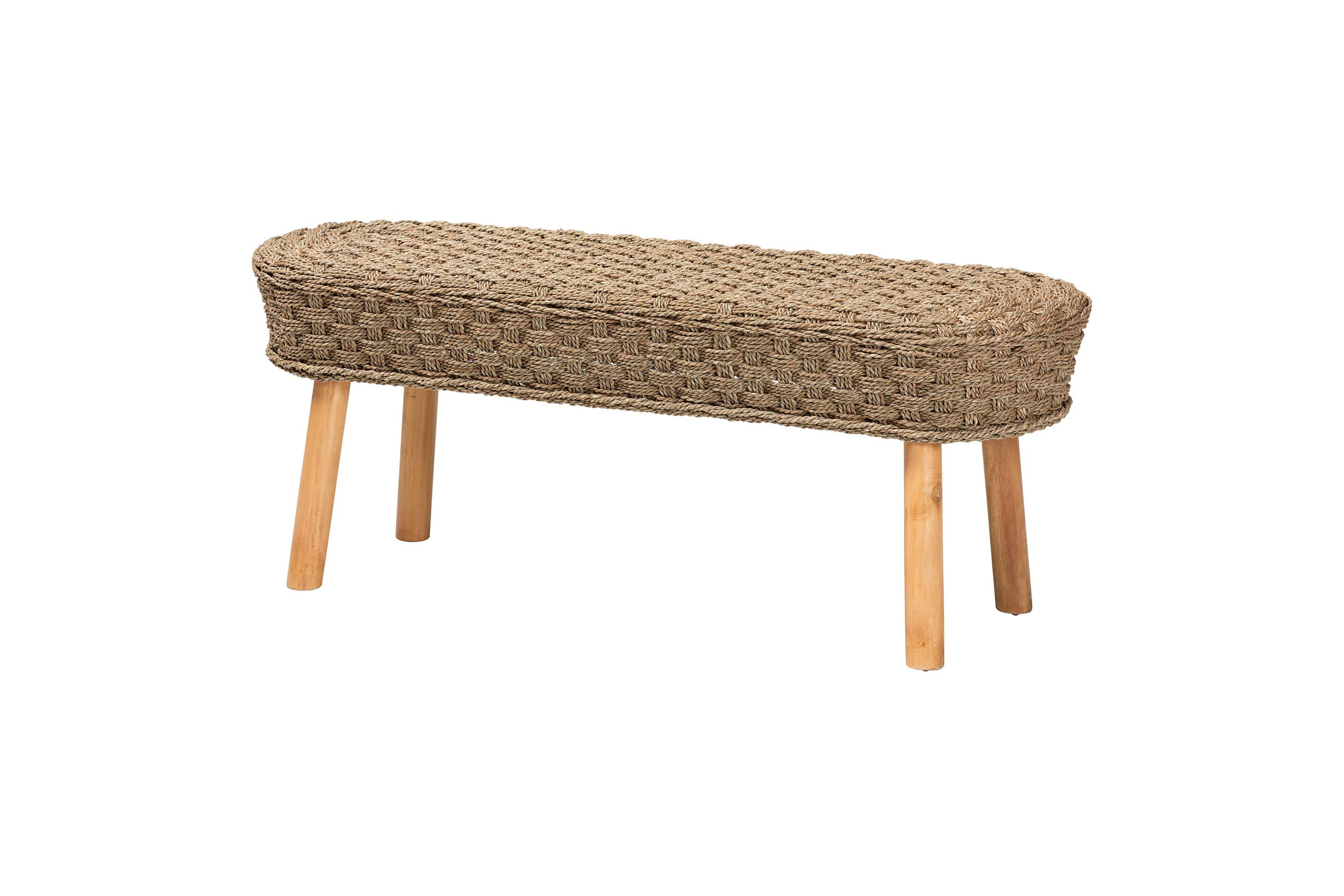 Denver Modern Bohemian Natural Seagrass and Acacia Wood Accent Bench