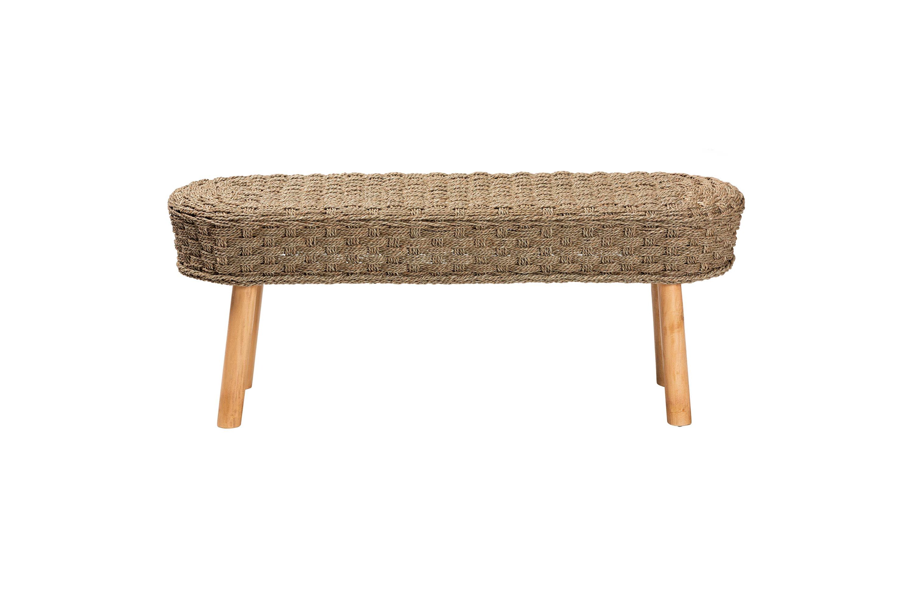 Denver Modern Bohemian Natural Seagrass and Acacia Wood Accent Bench