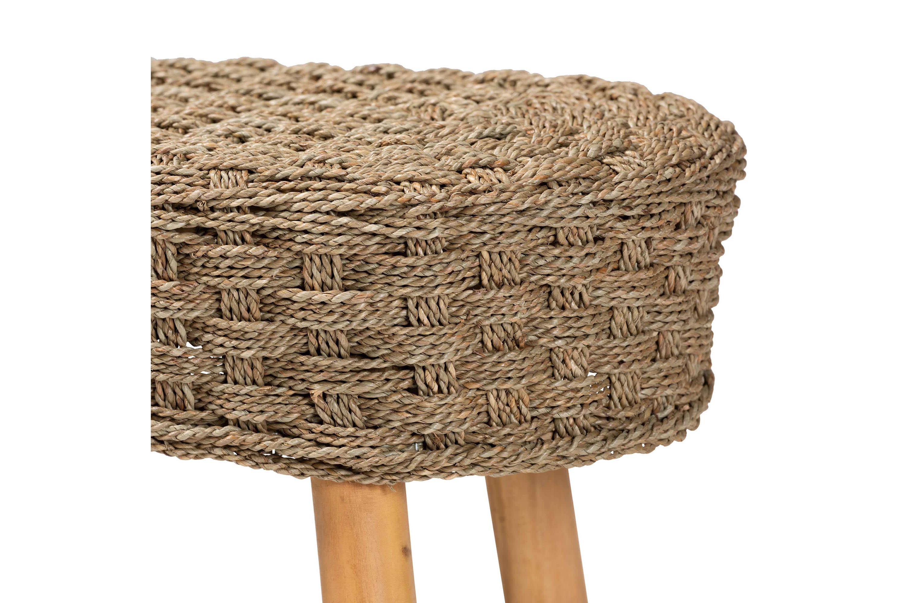 Denver Modern Bohemian Natural Seagrass and Acacia Wood Accent Bench