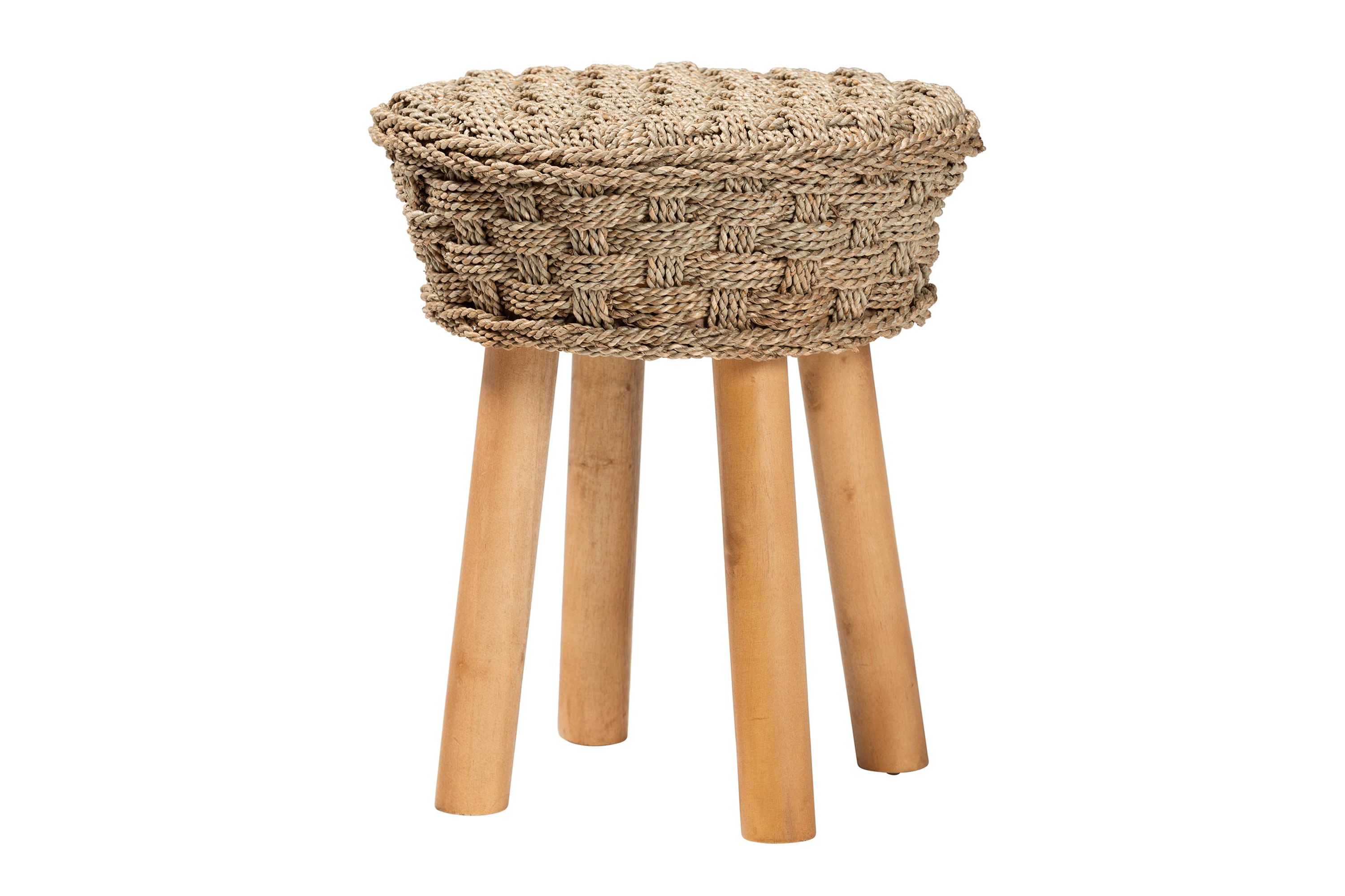 Denver Modern Bohemian Natural Seagrass and Acacia Wood Stool
