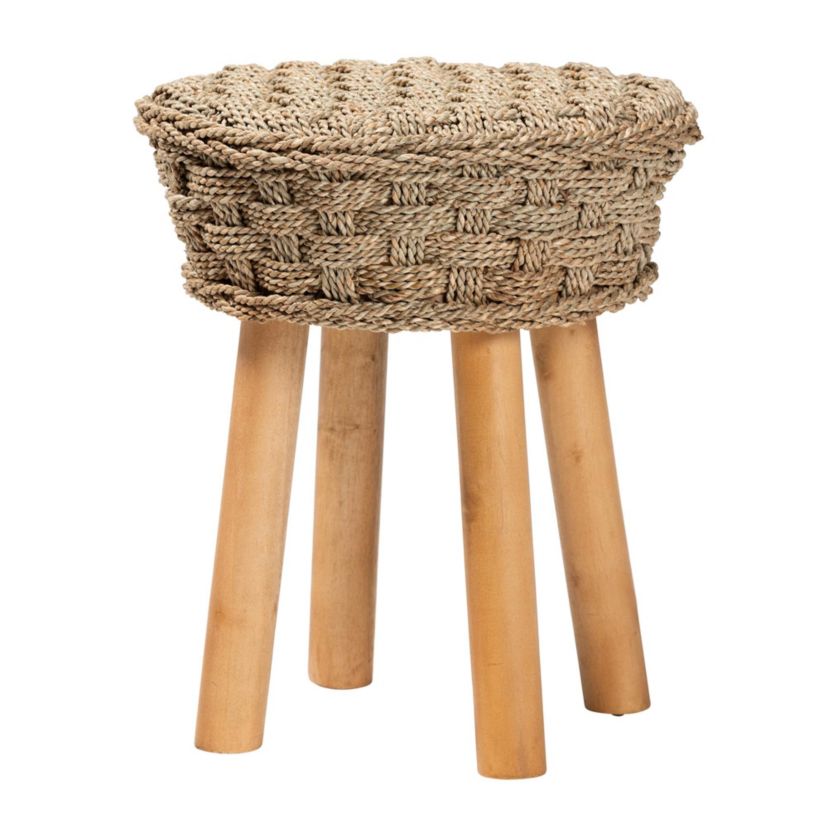Denver Modern Bohemian Natural Seagrass and Acacia Wood Stool