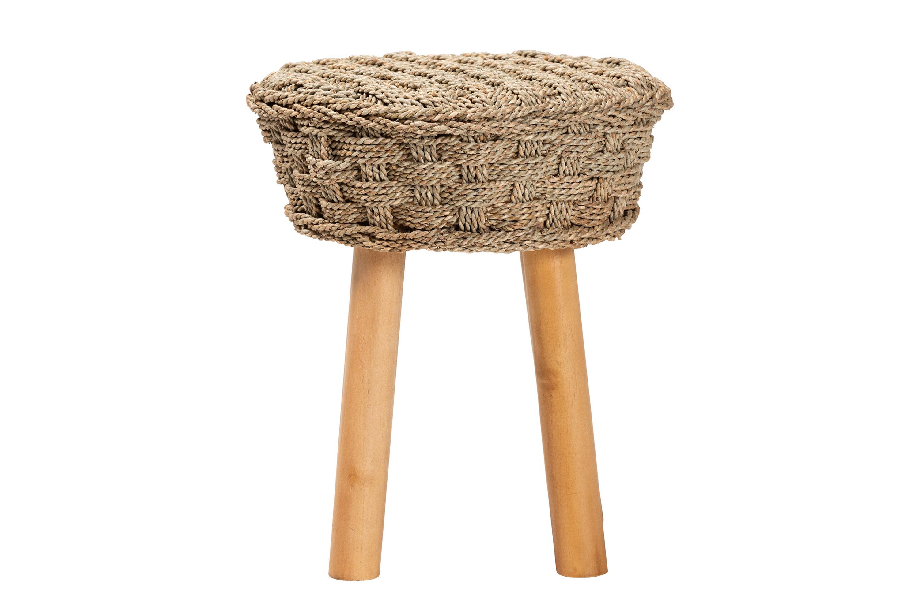 Denver Modern Bohemian Natural Seagrass and Acacia Wood Stool