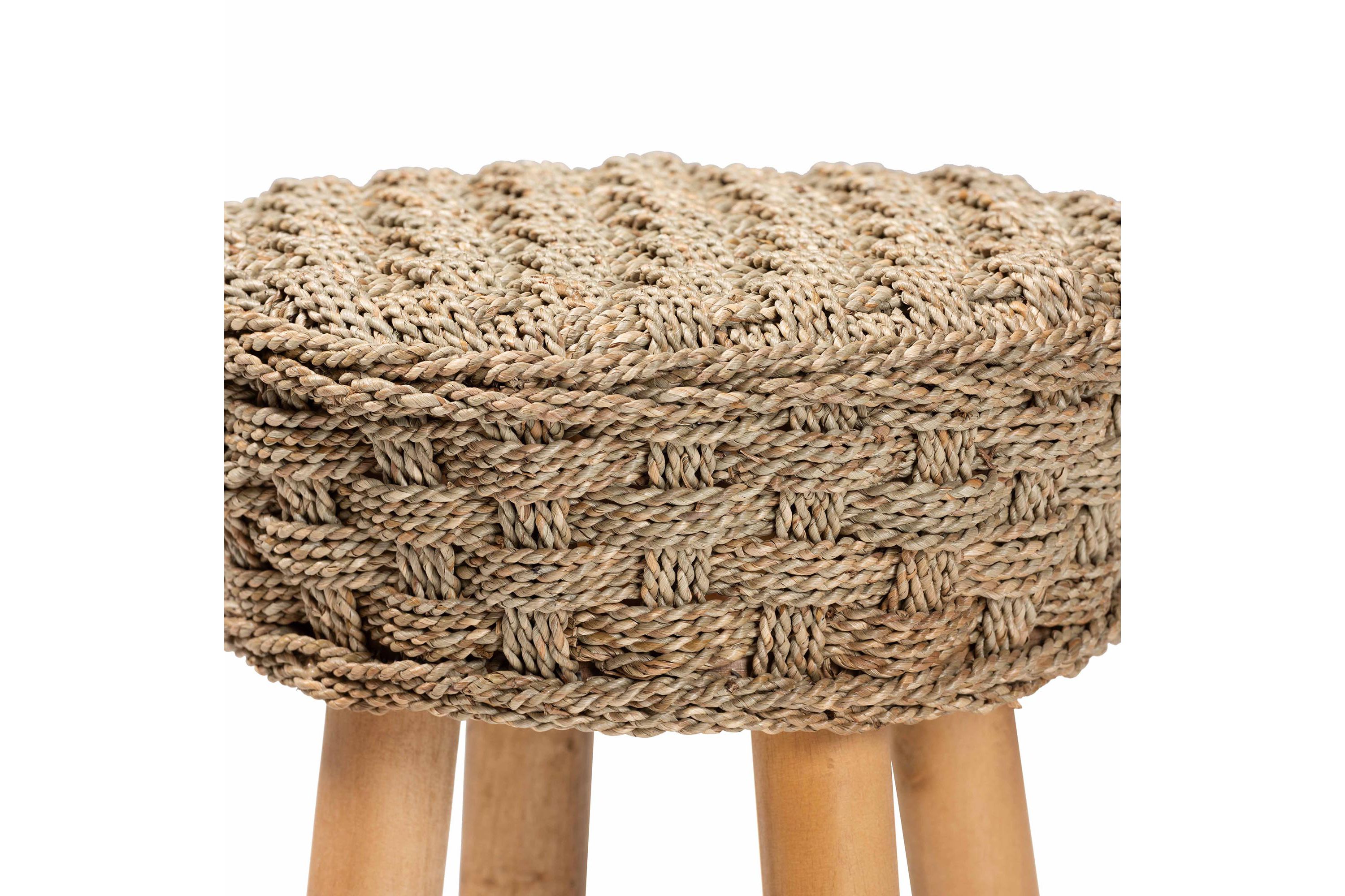 Denver Modern Bohemian Natural Seagrass and Acacia Wood Stool