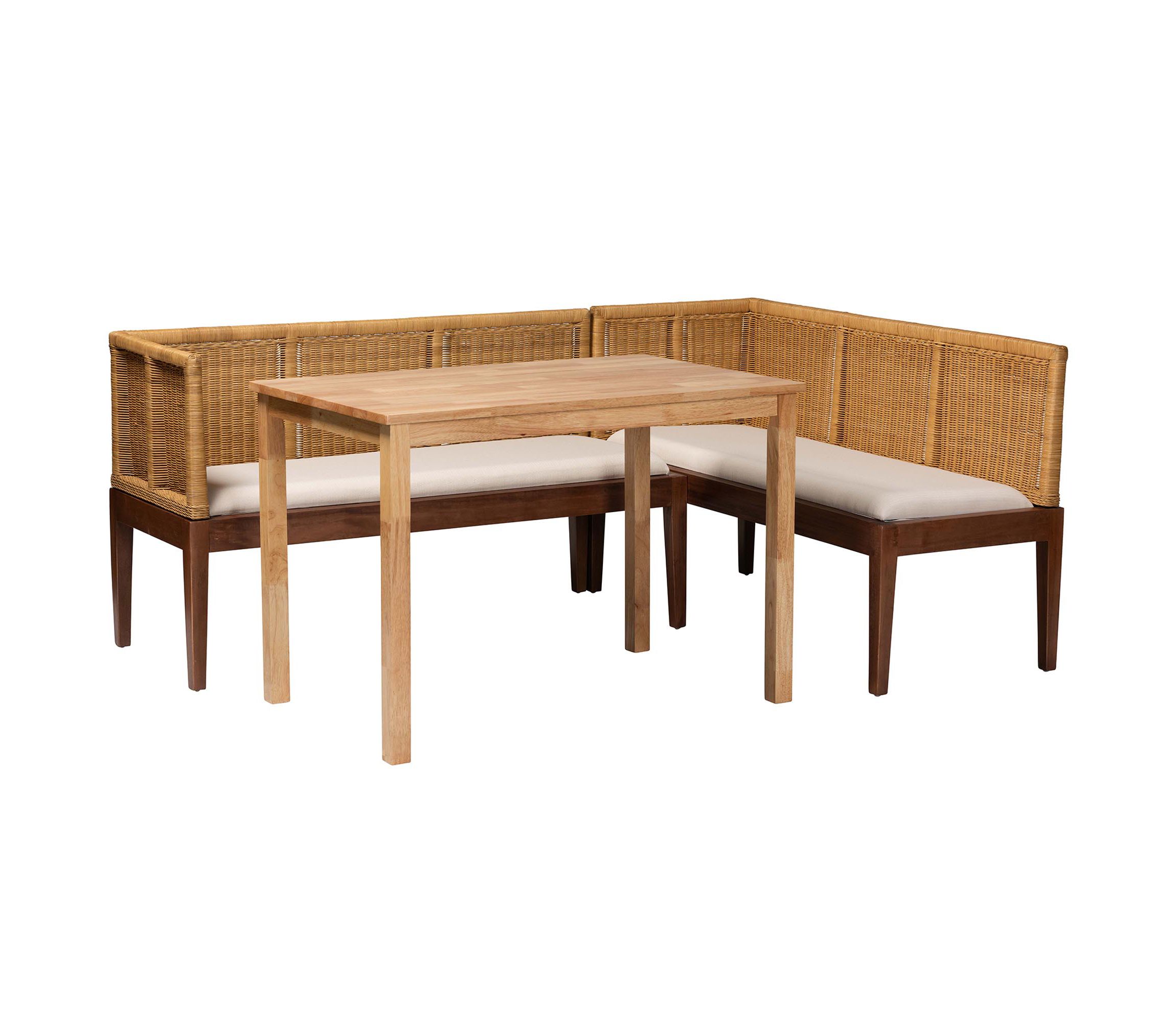 Tabanan Modern Bohemian Natural Brown Rattan and Brown Acacia Wood 3-Piece Dining Nook set