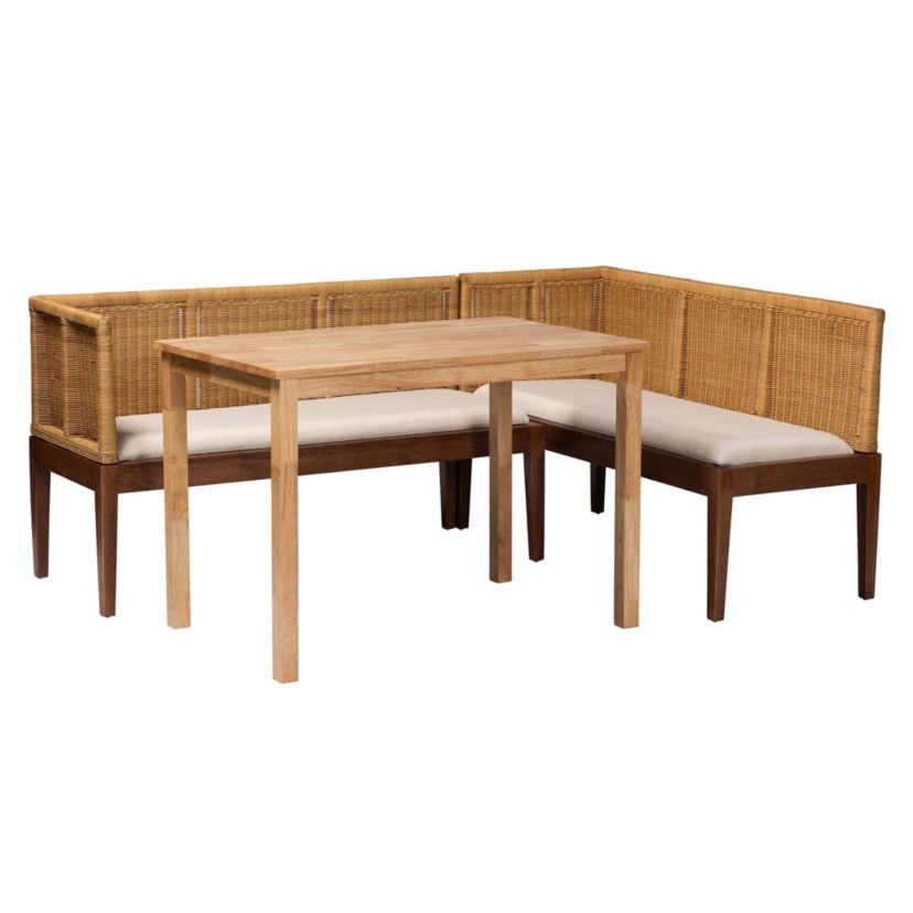 Tabanan Modern Bohemian Natural Brown Rattan and Brown Acacia Wood 3-Piece Dining Nook set