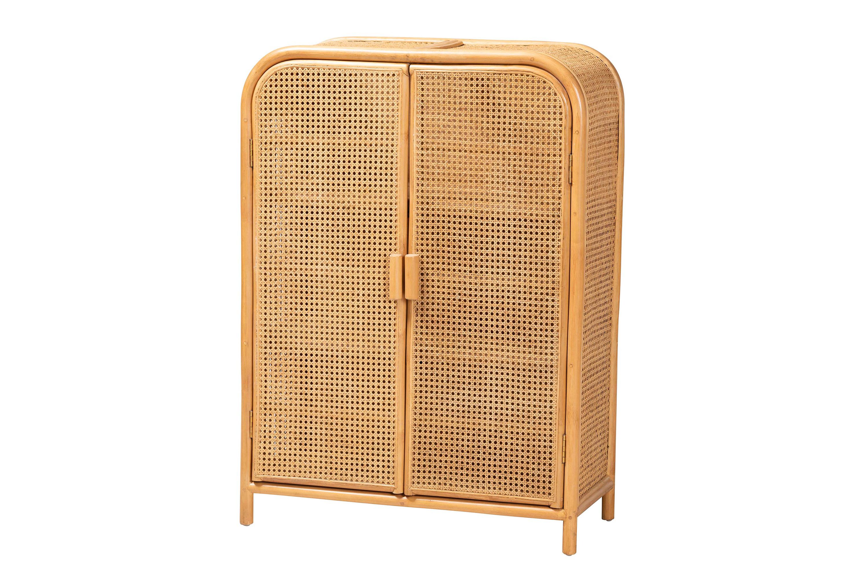 Curacao Modern Bohemian Light Honey Rattan 2-Door Storage Cabinet