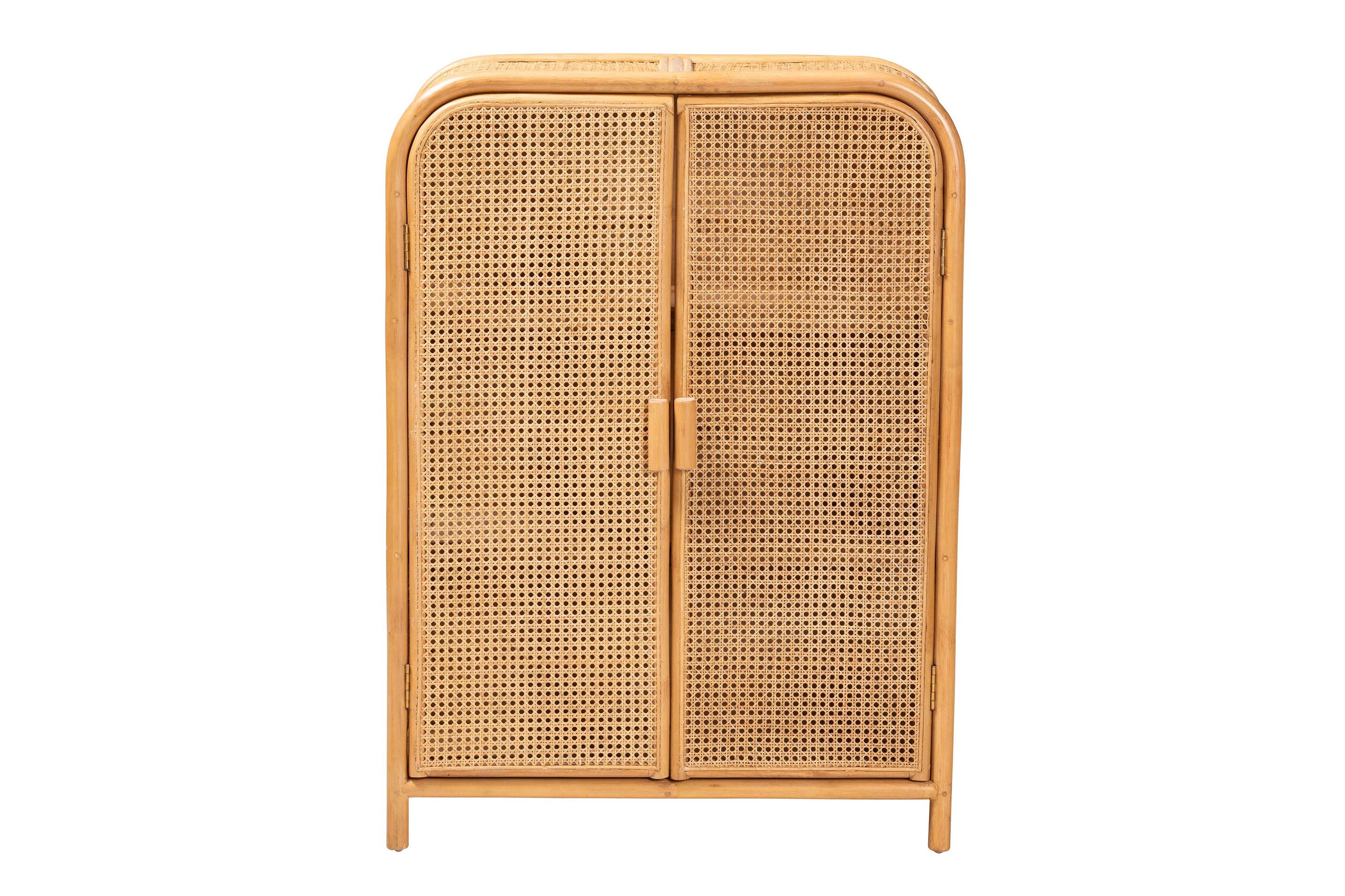 Curacao Modern Bohemian Light Honey Rattan 2-Door Storage Cabinet