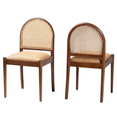 bali & pari Maryland Modern Bohemian Natural Rattan and Acacia Wood 2-Piece Dining Chair Set, Brown