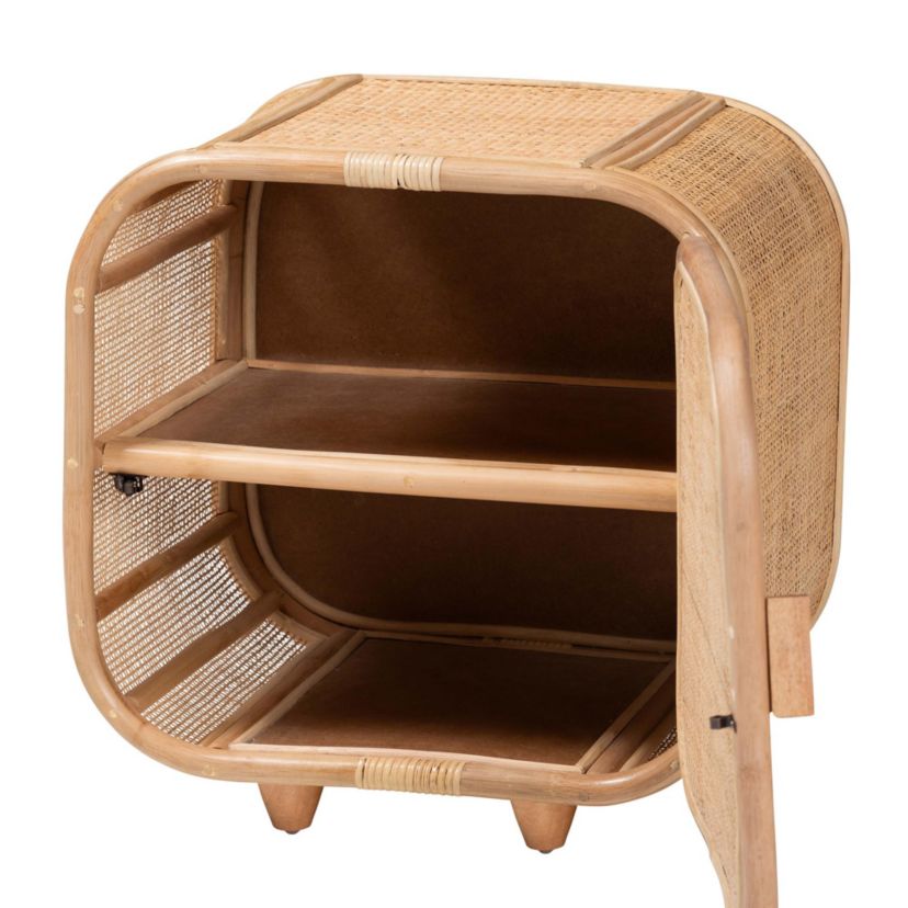 Keita Bohemian Natural Rattan and Mahogany Wood Nightstand
