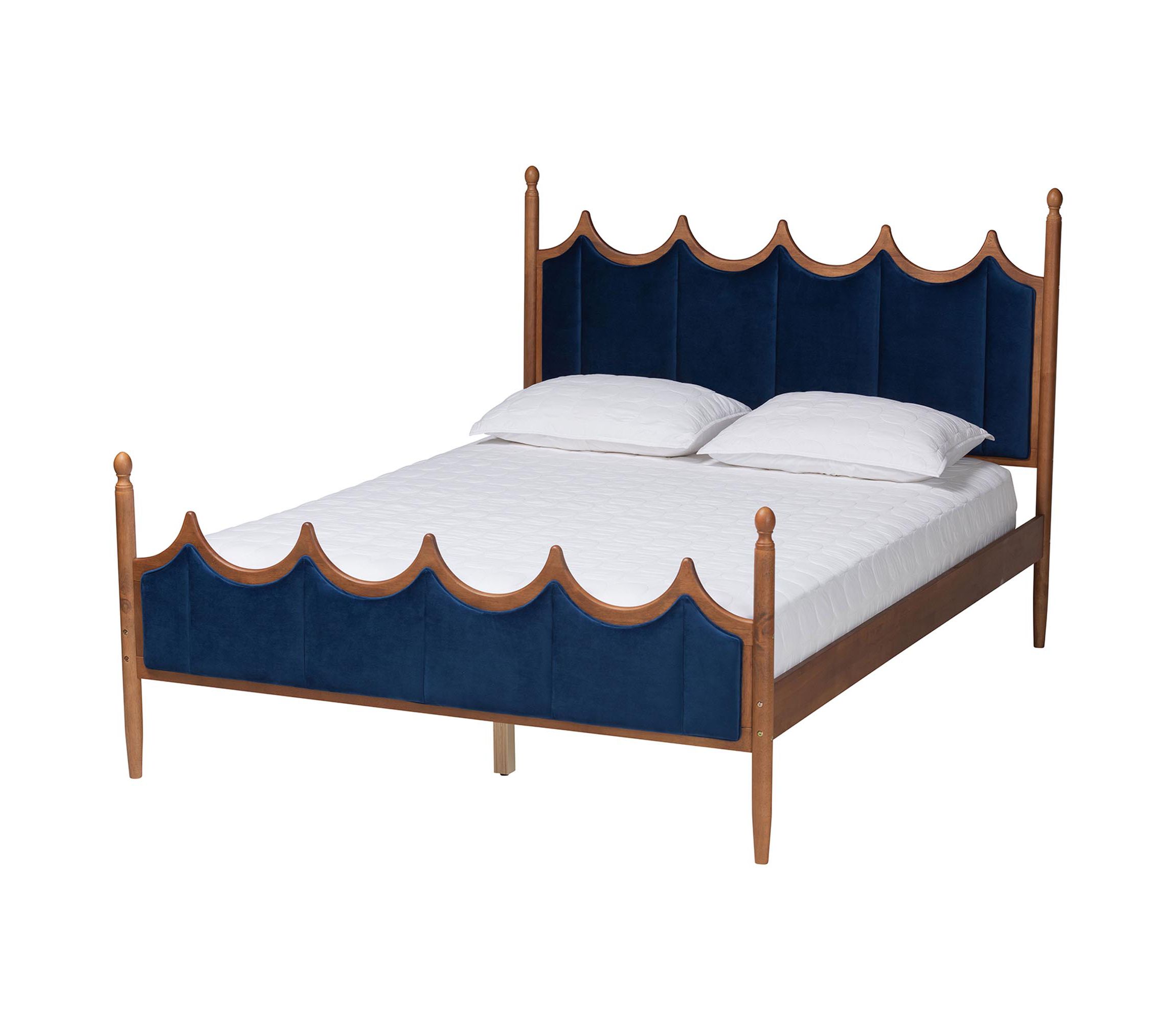 Calgary Retro-Modern Royal Blue Velvet Fabric and Walnut Brown Wood Queen Size Platform Bed