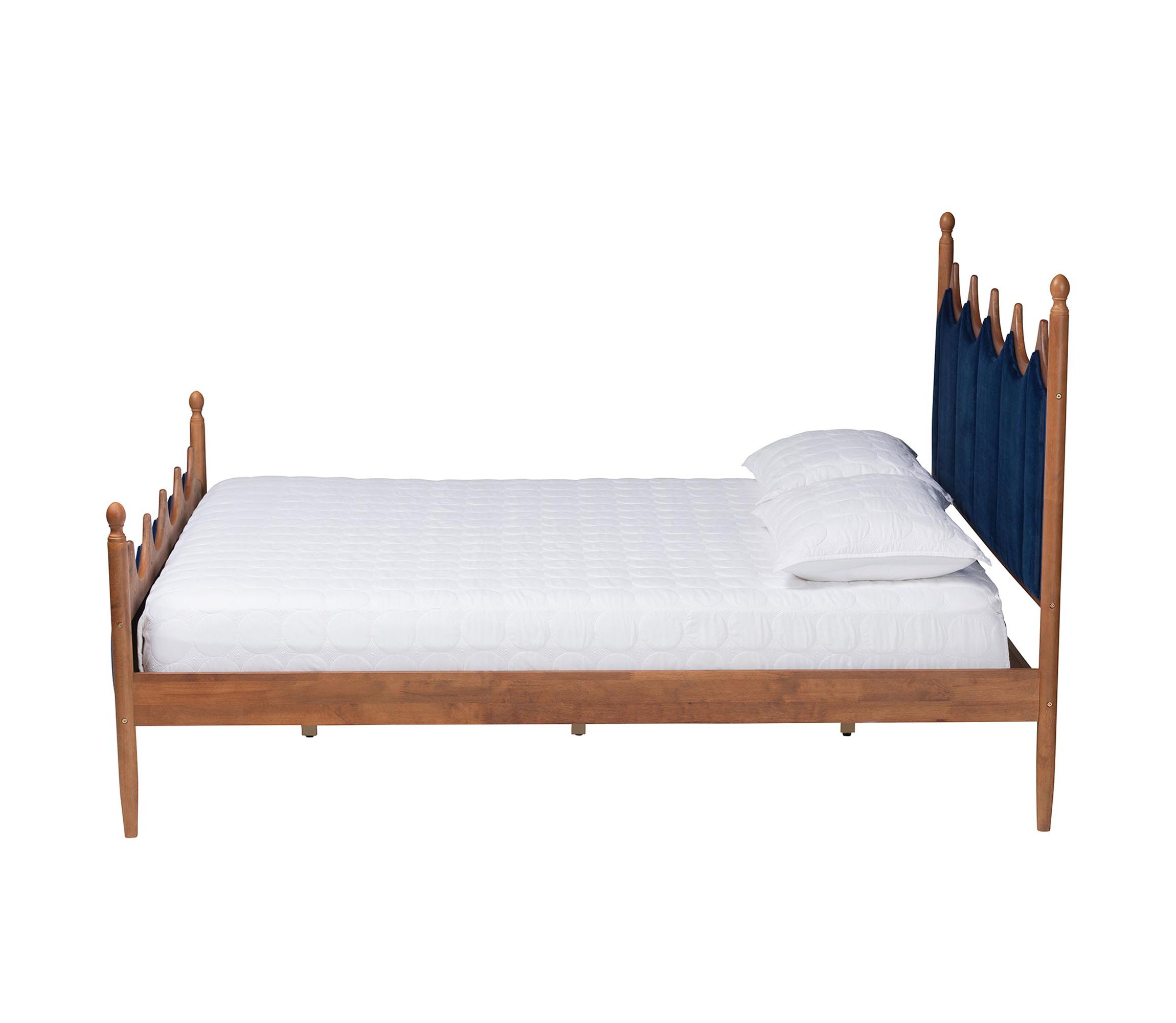 Calgary Retro-Modern Royal Blue Velvet Fabric and Walnut Brown Wood Queen Size Platform Bed