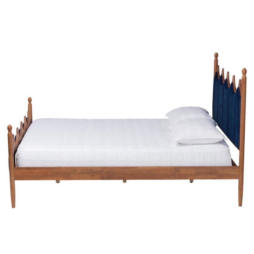 Calgary Retro-Modern Royal Blue Velvet Fabric and Walnut Brown Wood Queen Size Platform Bed
