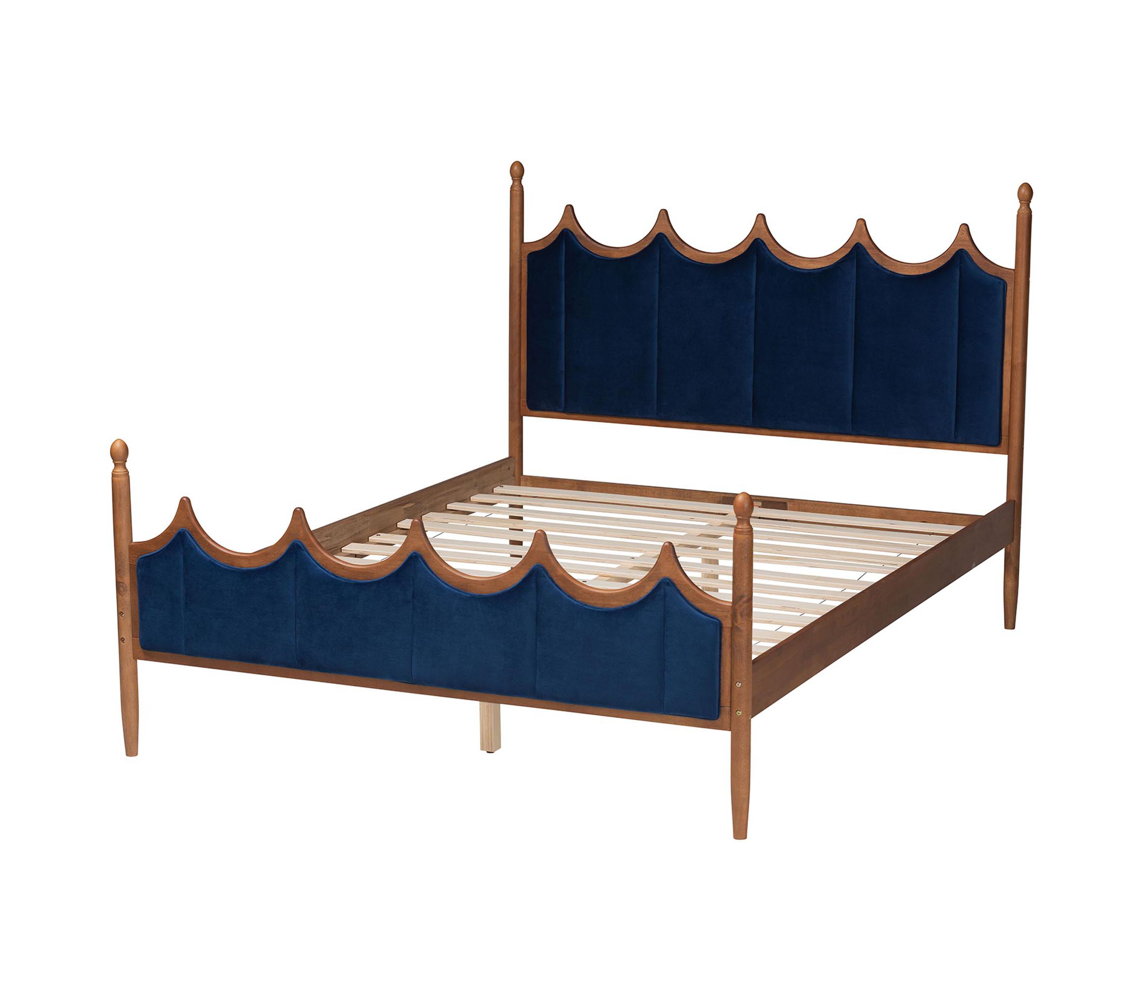 Calgary Retro-Modern Royal Blue Velvet Fabric and Walnut Brown Wood Queen Size Platform Bed