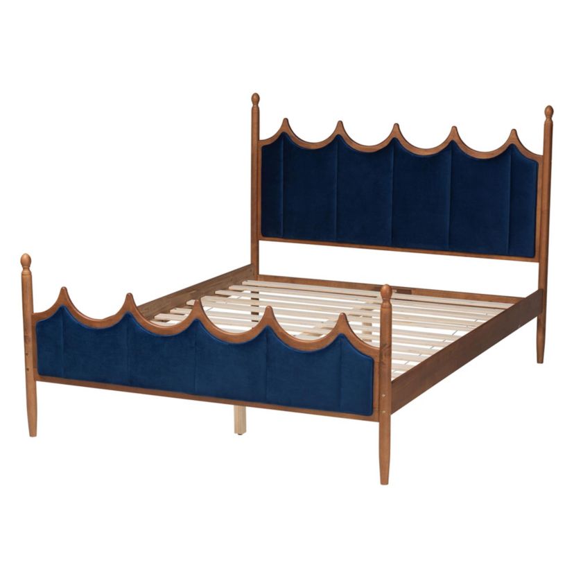 Calgary Retro-Modern Royal Blue Velvet Fabric and Walnut Brown Wood Queen Size Platform Bed