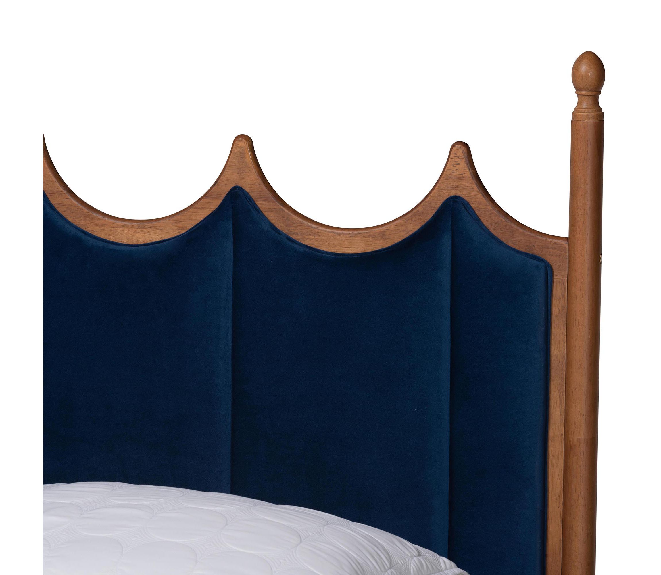 Calgary Retro-Modern Royal Blue Velvet Fabric and Walnut Brown Wood Queen Size Platform Bed