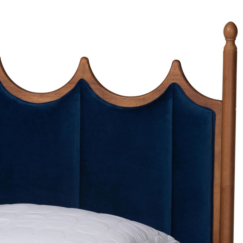 Calgary Retro-Modern Royal Blue Velvet Fabric and Walnut Brown Wood Queen Size Platform Bed