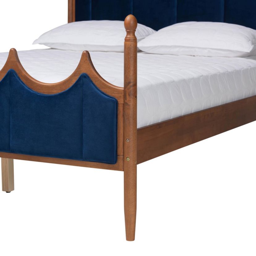Calgary Retro-Modern Royal Blue Velvet Fabric and Walnut Brown Wood Queen Size Platform Bed