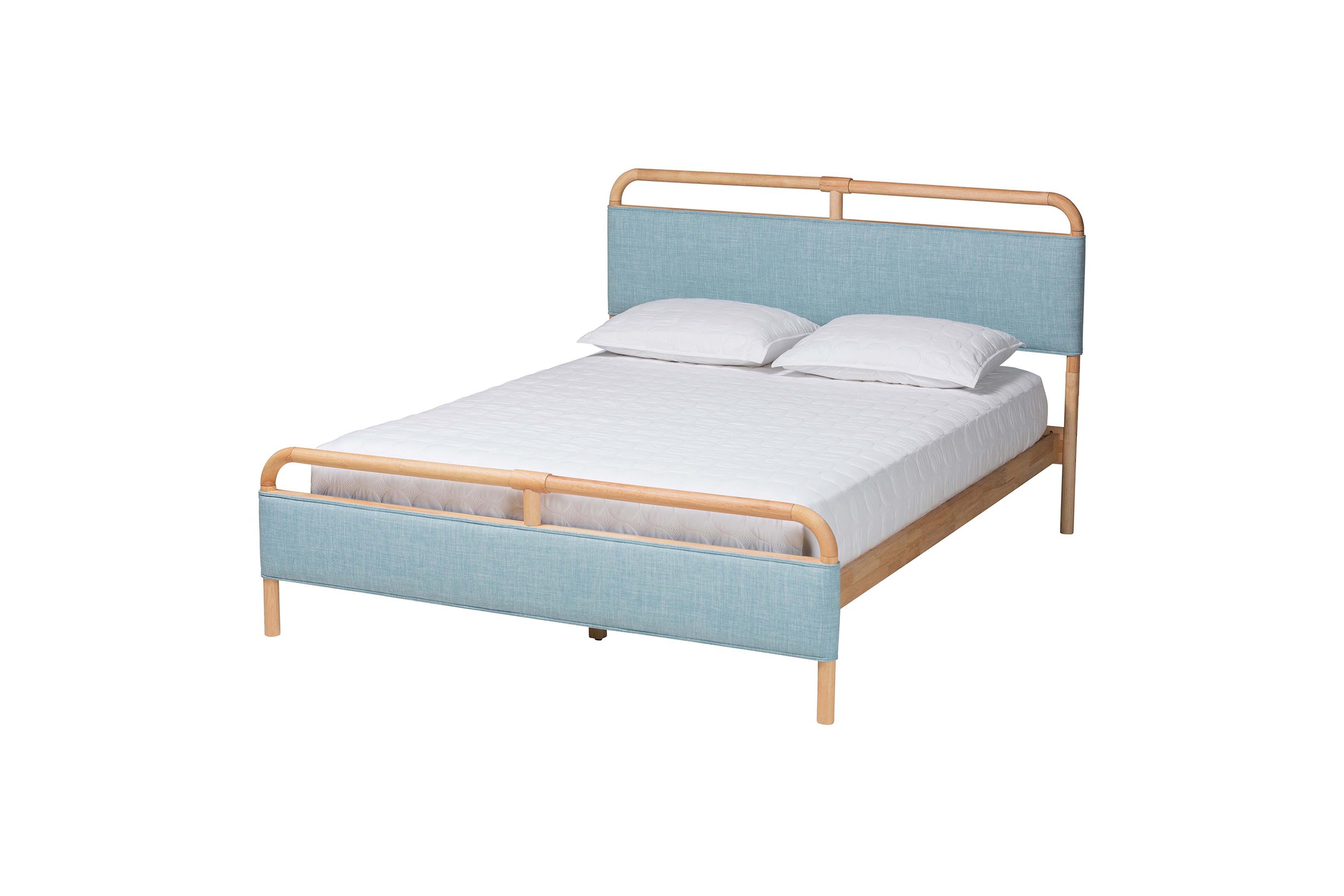Mateo Modern and Contemporary Baby Blue Fabric and Natural Wood Queen Size Platform Bed